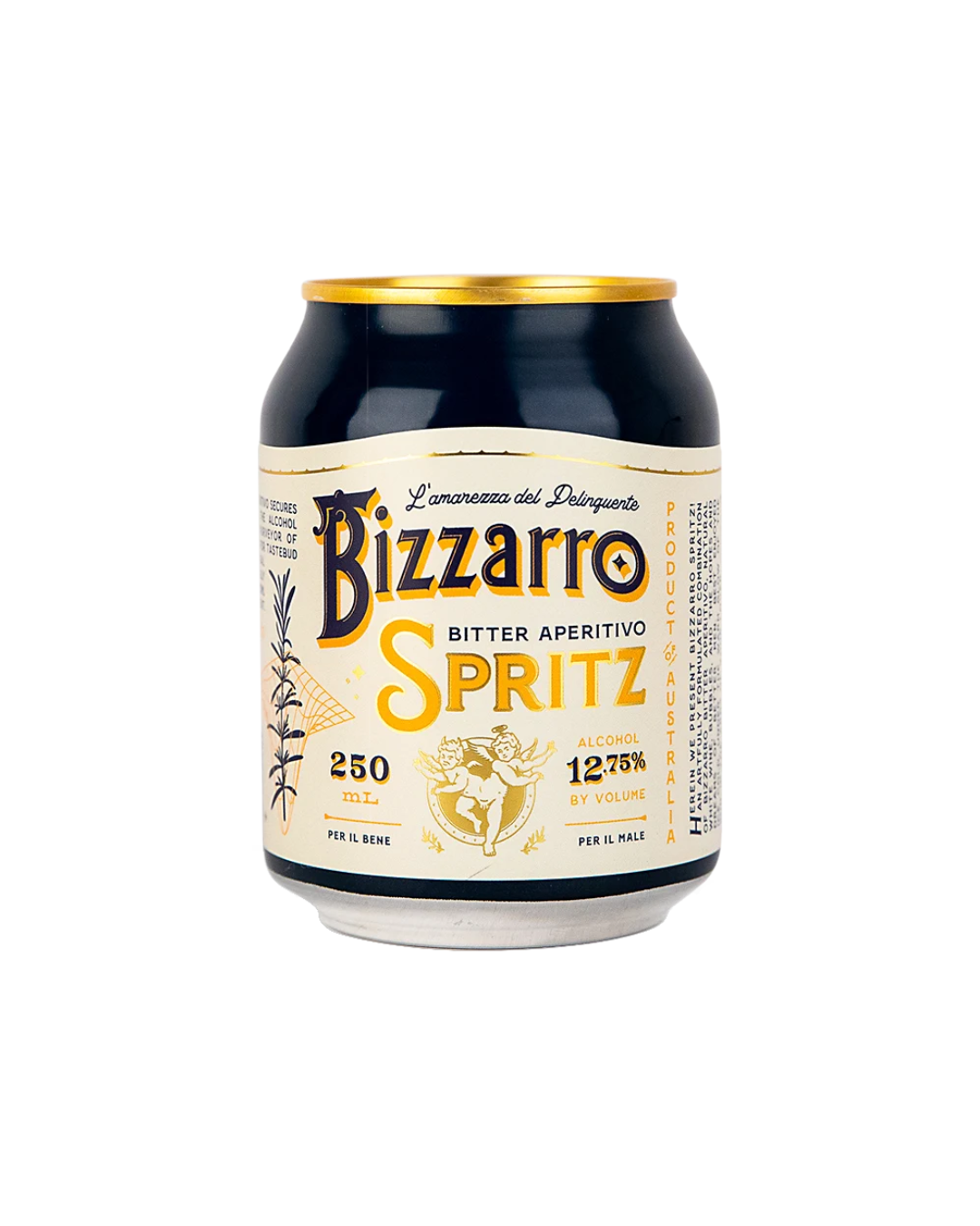 A single can of Bizzarro Spritz bitter aperitivo alcoholic drink, featuring a cream-colored label with gold and navy blue lettering, a gold rim, and a dark navy blue body, set against a plain white background.