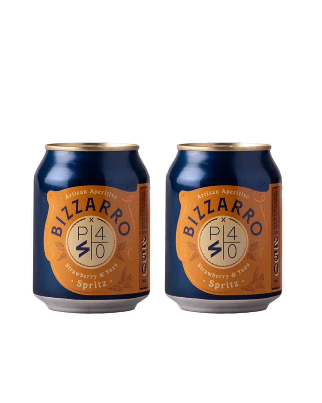 Two blue Bizzarro x Piñata 40 Strawberry & Peach Spritz cans on a plain white background.
