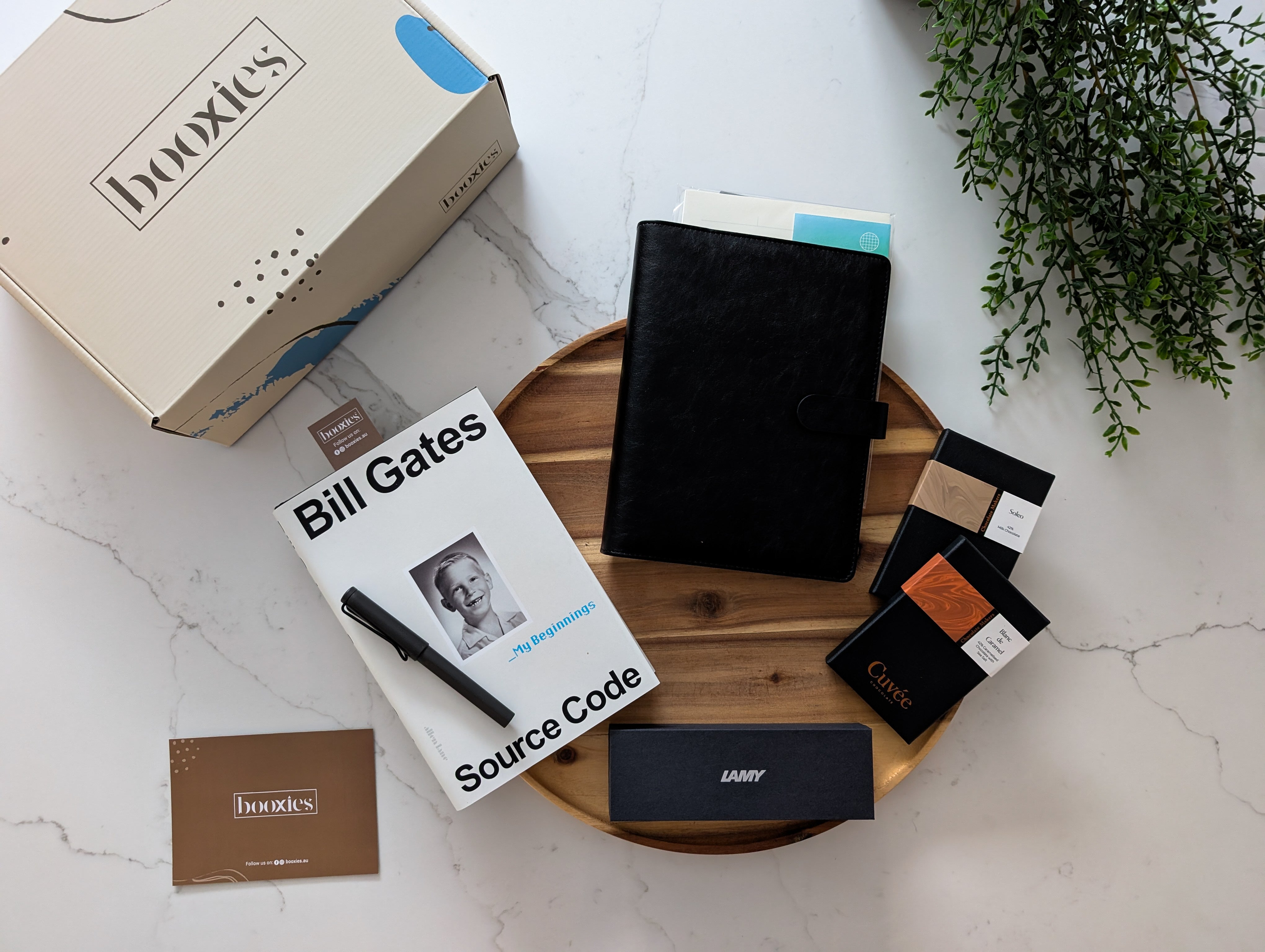 Collection of books, a pen, and a box labeled 'boxies' on a marble surface with a plant in the corner.