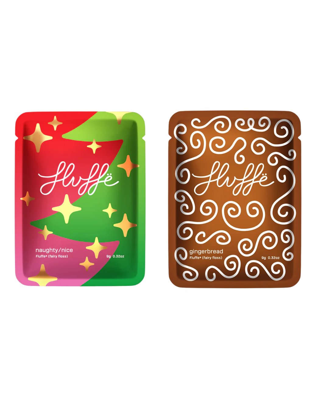 Two FLuffe fairy floss snack packages on a white background