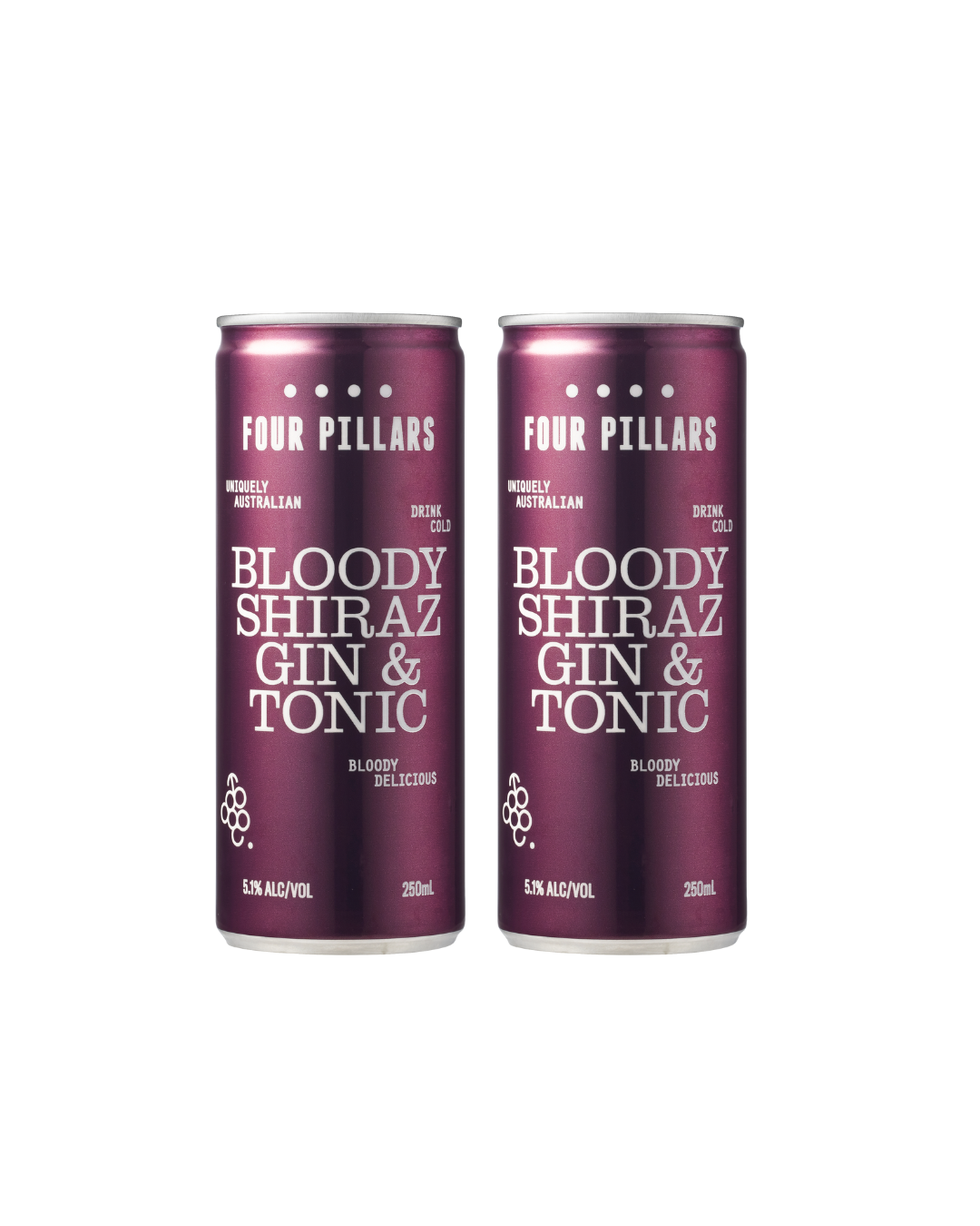 Two cans of Four Pillars Bloody Shiraz Gin & Tonic on a white background