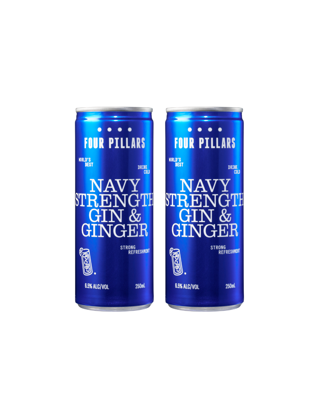 Two cans of Four Pillars Navy Strength Gin & Ginger on a white background