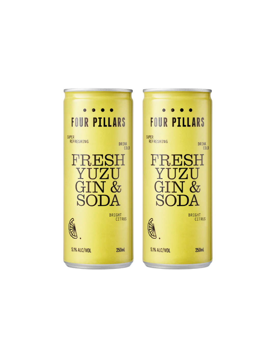Two cans of Four Pillars Fresh Yuzu Gin & Soda on a white background