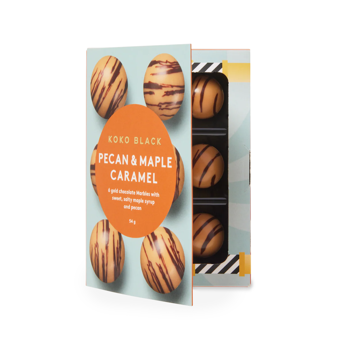 Koko Black pecan and maple caramel chocolate packaging on a white background