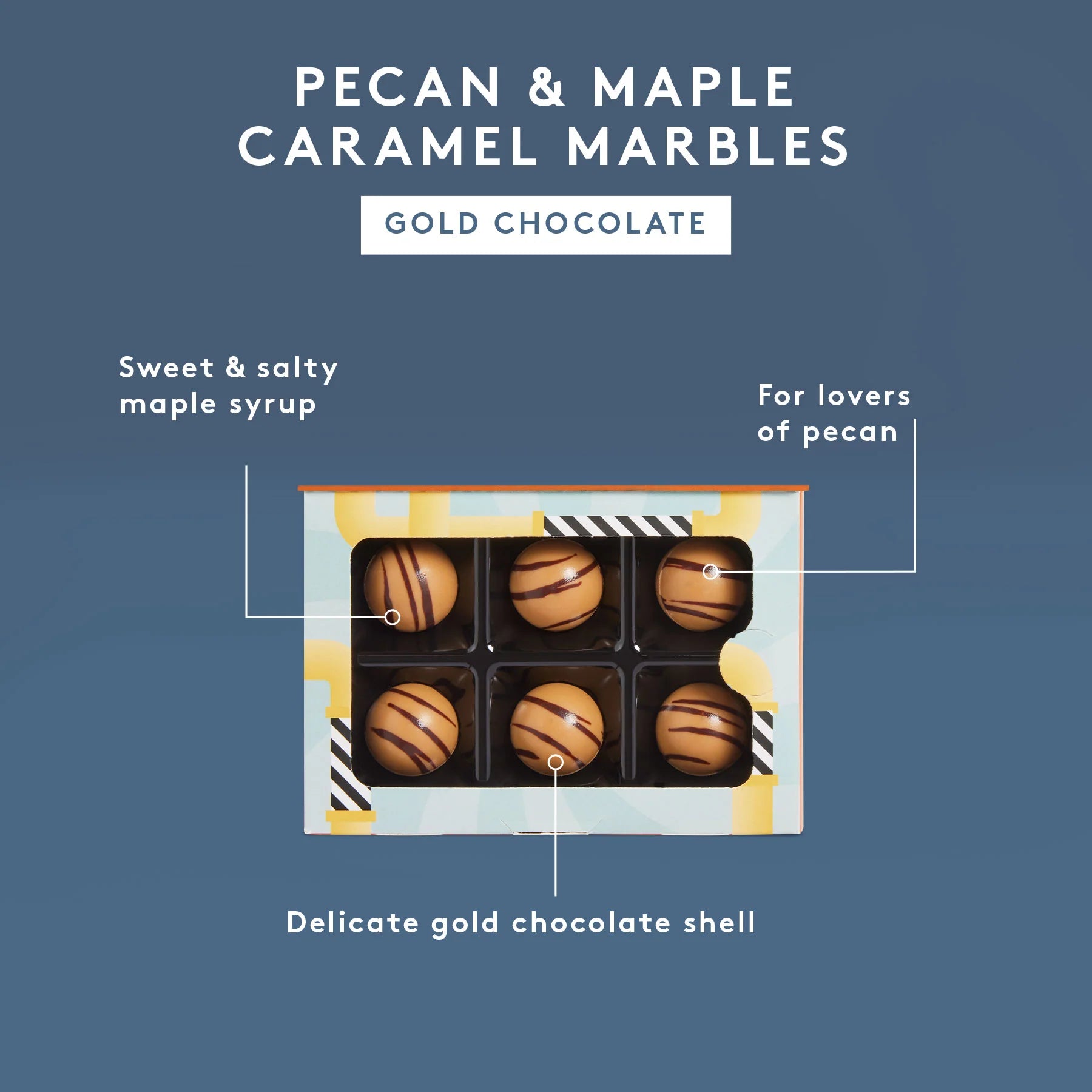 Box of pecan and maple caramel marbles with text describing the ingredients and flavor profile on a blue background.