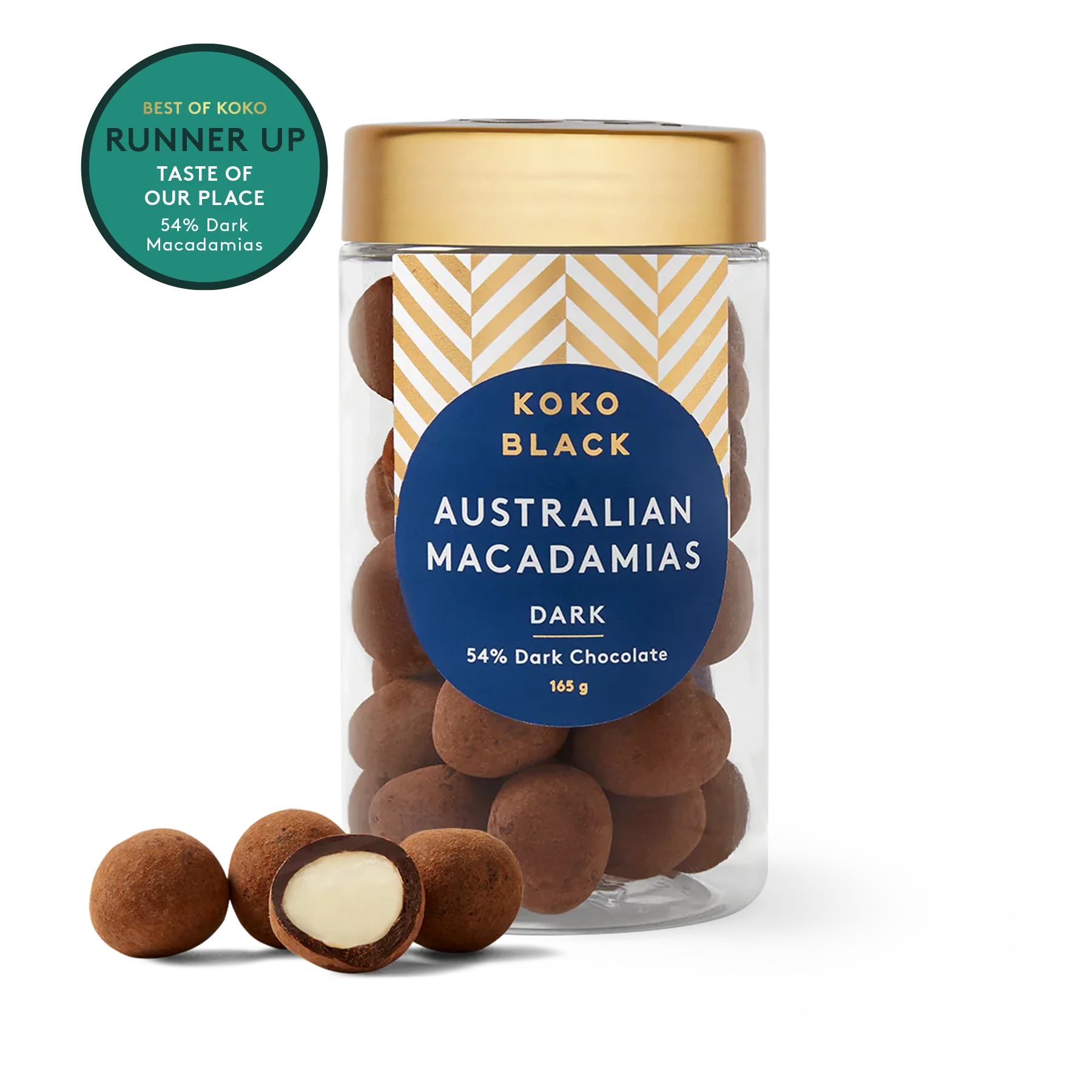 Jar of Koko Black Australian Macadamias with a gold lid on a white background