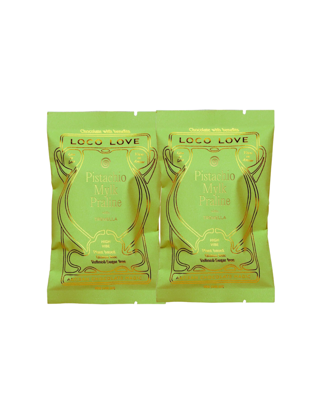 Two green packets of Loco Love Pistachio Milk Praline chocolate on a white background