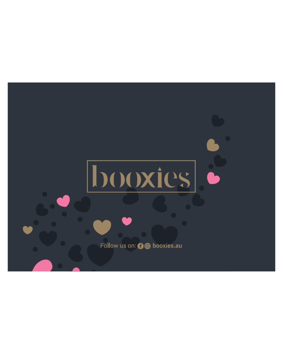 Love greeting card booxies showing dark background, booxies gold logo and small pink and gold scattered hearts