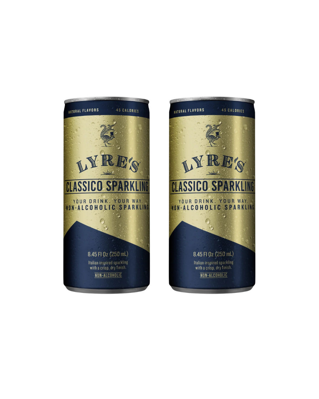 Two cans of Lyre's Classic Sparkling non-alcoholic sparkling wine on a white background