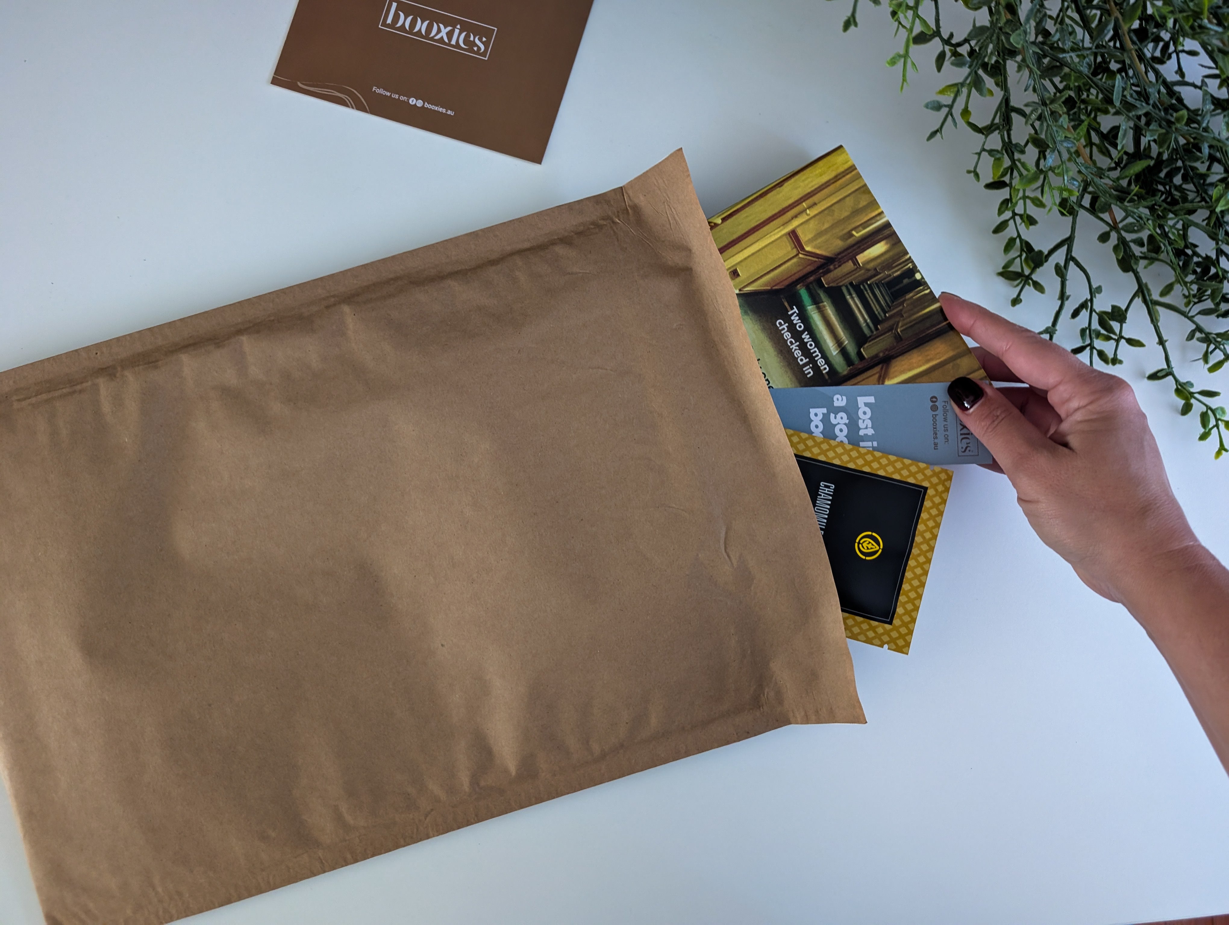 Brown envelope with a hand holding a card on a white surface with a plant in the background