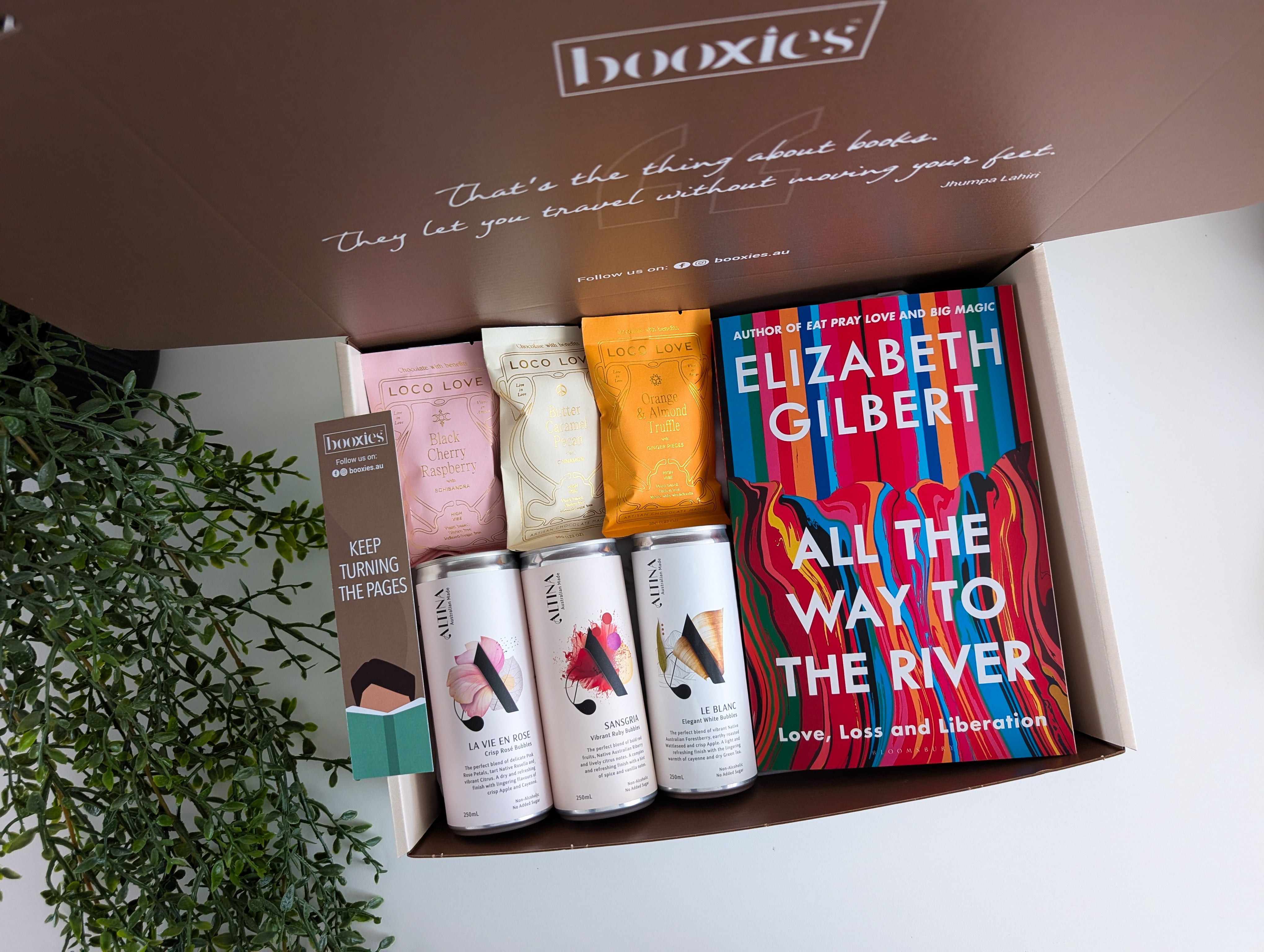 Box containing books and drinks with a plant in the background. summer spirit curated booxies