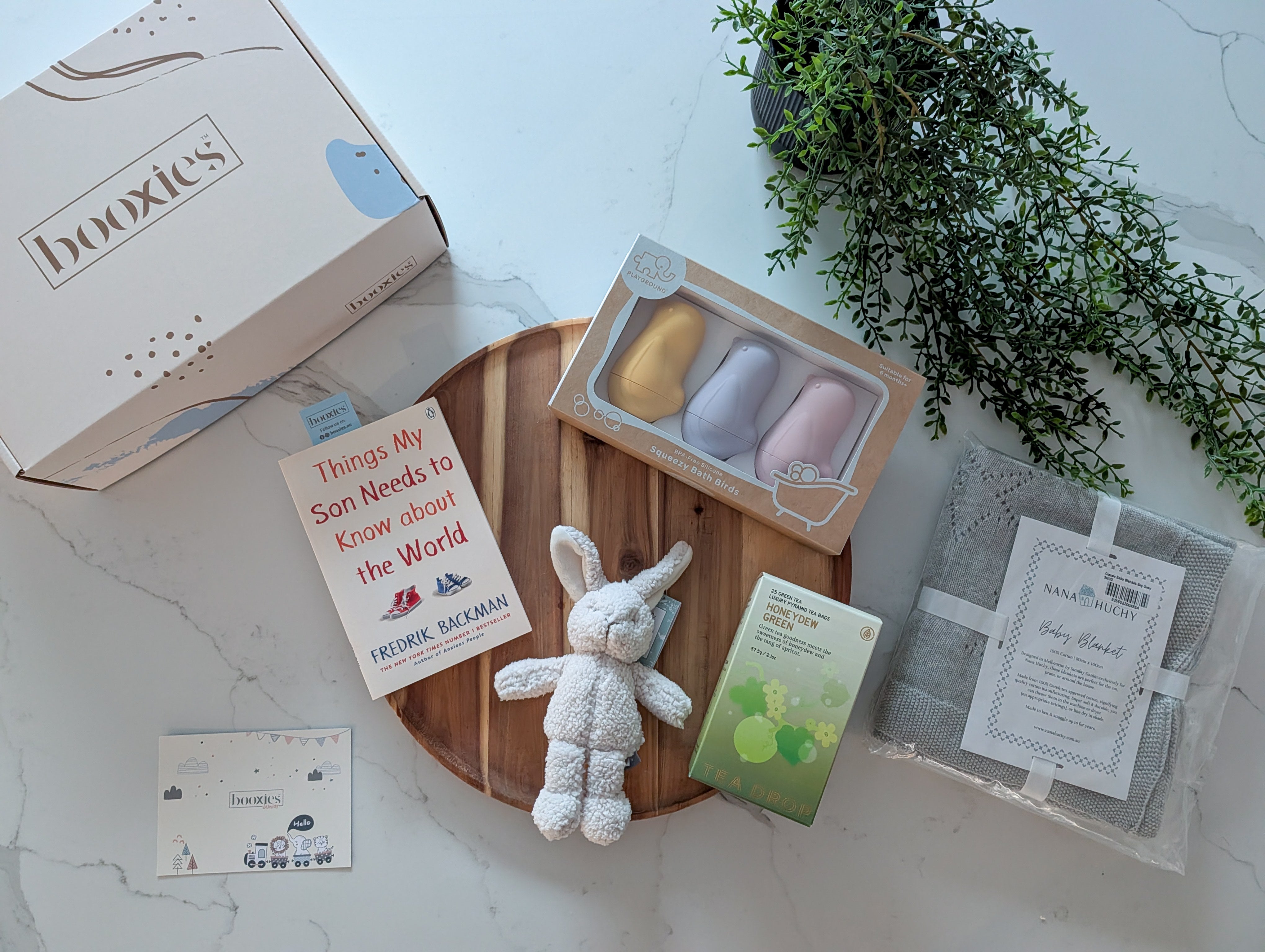 Baby products including a plush toy, books, and a box on a light surface with a plant in the background.