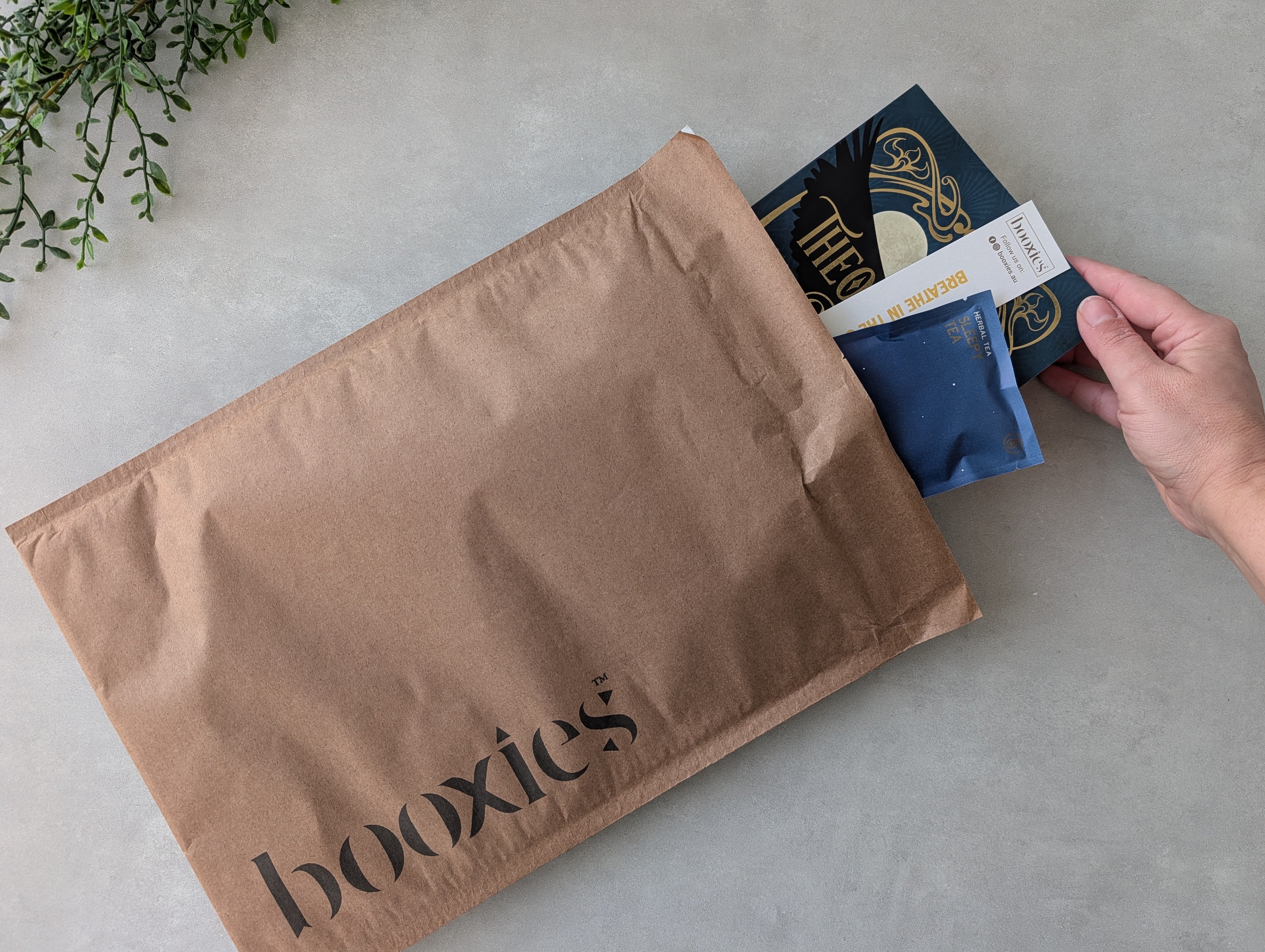 essential mystery booxies showing a hand with the book of the month and a bookmark and tea pyramids