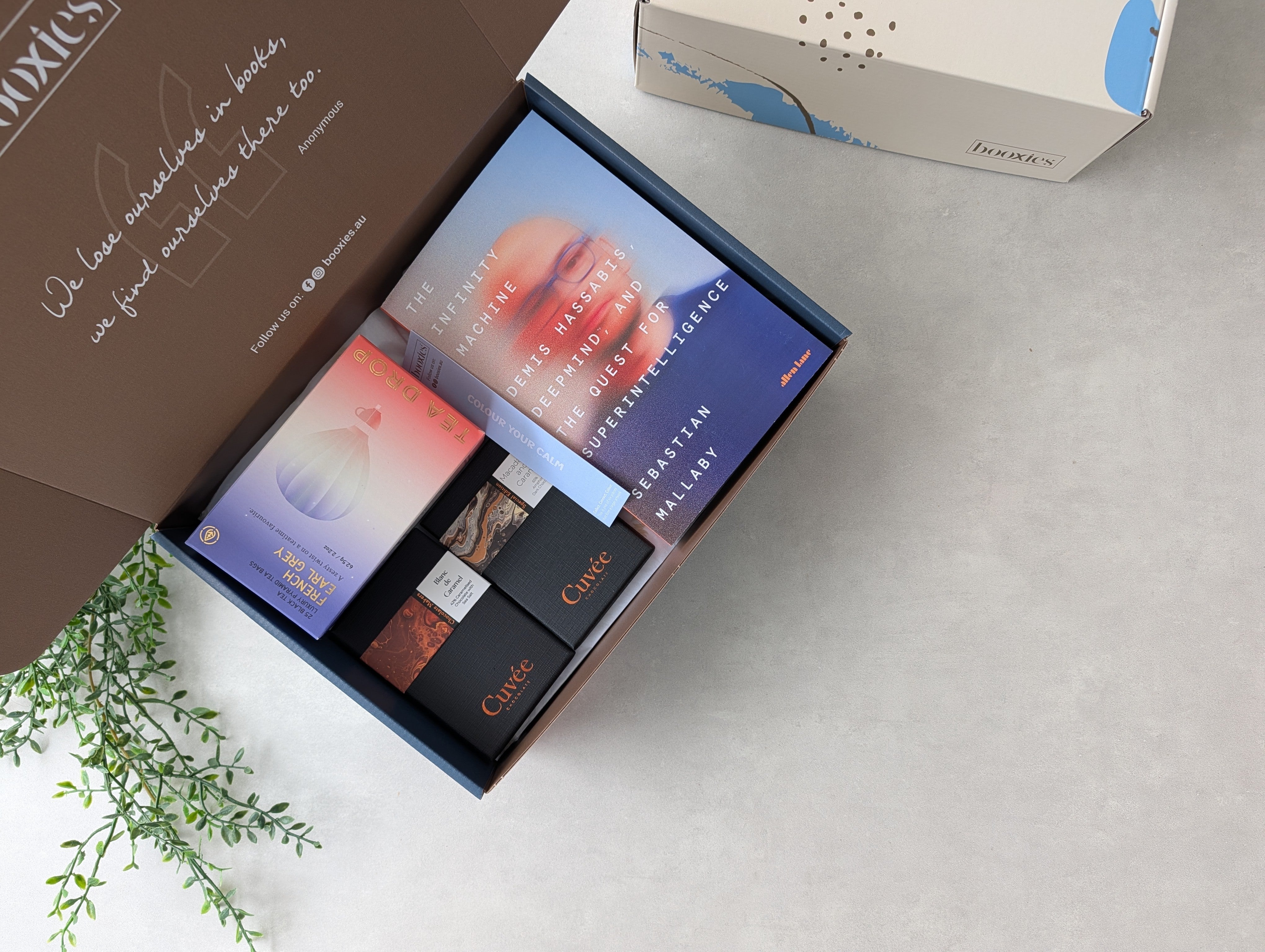 The Reading Ritual booxies gift box showing book, chocolate and tea in an open box
