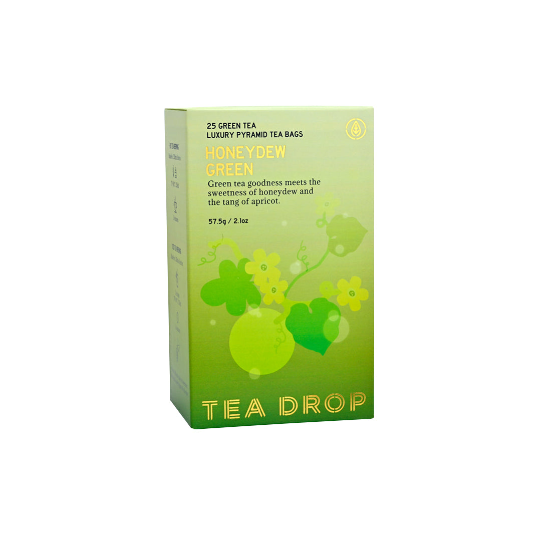 Green tea box with 'Tea Drop' branding on a white background