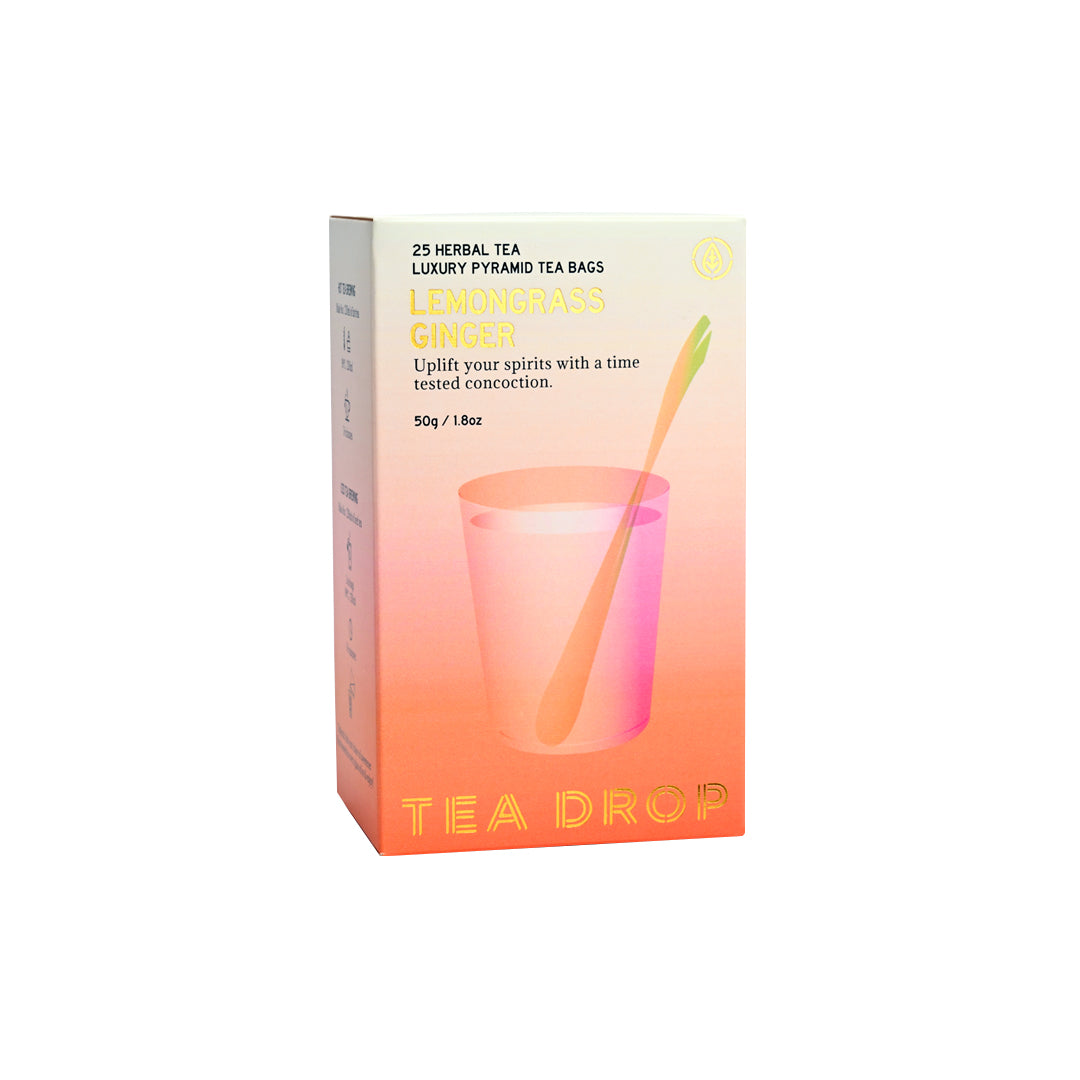 Box of Tea Drop tea bags with a gradient design and tea bag illustration.
