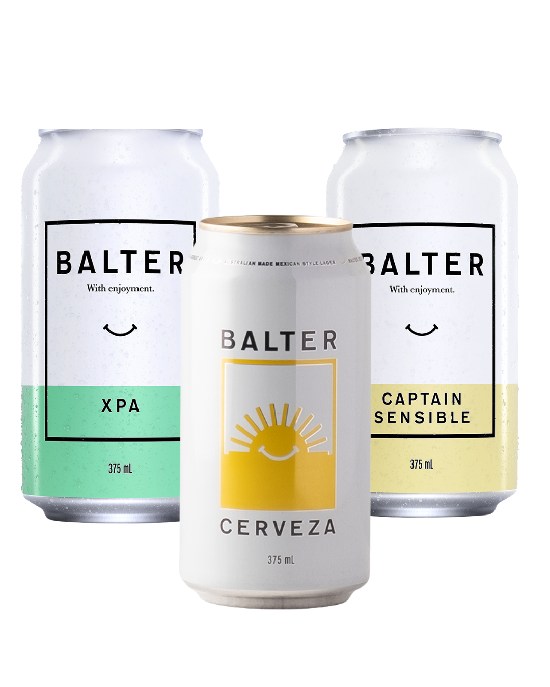 Three Balter beer cans on a white background: a silver can labeled X PA with mint green at the bottom, a white can labeled Cerveza with a yellow sun graphic in the center, and a white can labeled Captain Sensible with pale yellow at the bottom.