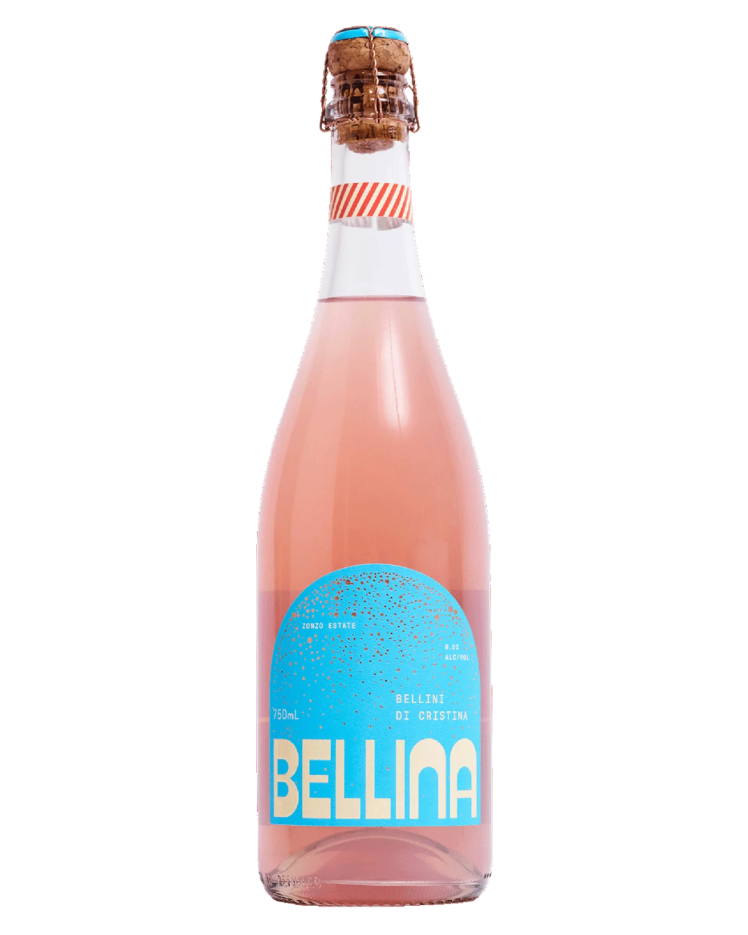 Bottle of Bellina sparkling wine with a blue label on a white background