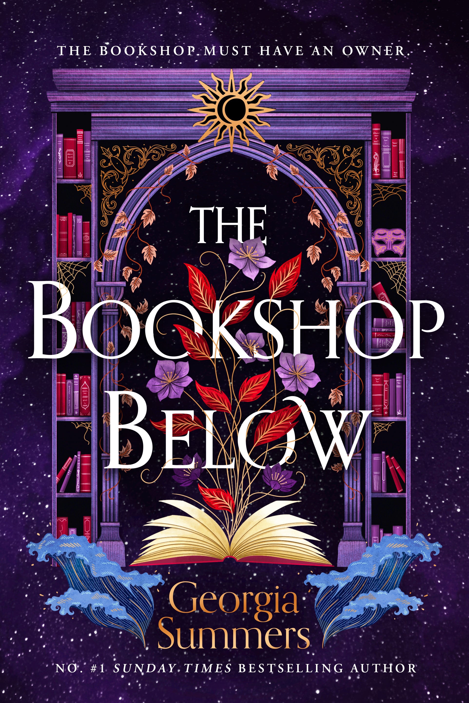 Book cover of 'The Bookshop Below' by Georgia Summers with a decorative arch and books on a dark background.