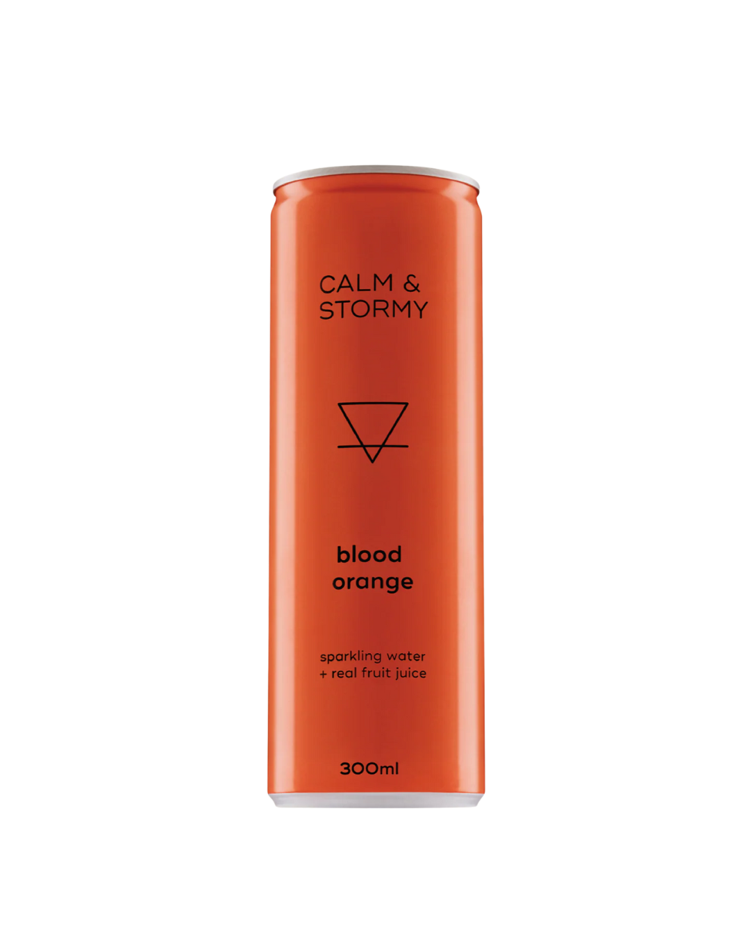Orange can of 'Calm & Stormy' blood orange sparkling water on a white background