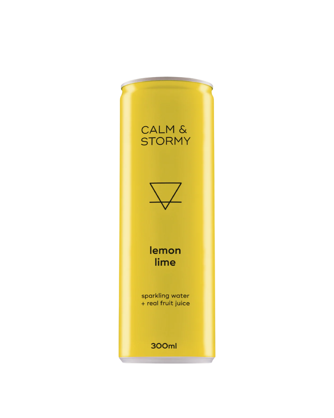 Yellow bottle of Calm & Stormy lemon lime sparkling water on a white background