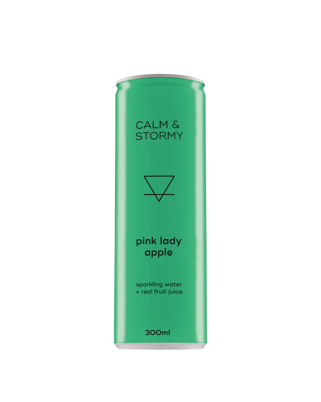 Green can of 'Calm & Stormy' pink lady apple sparkling water on a white background