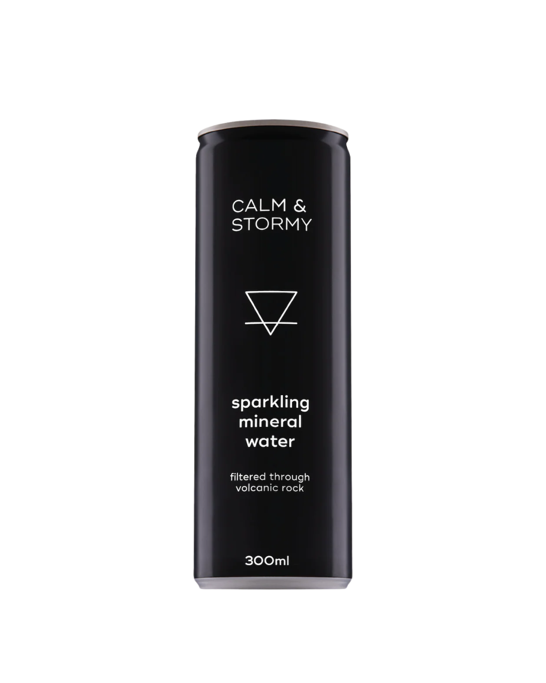 Black can of Calm & Stormy sparkling mineral water on a white background