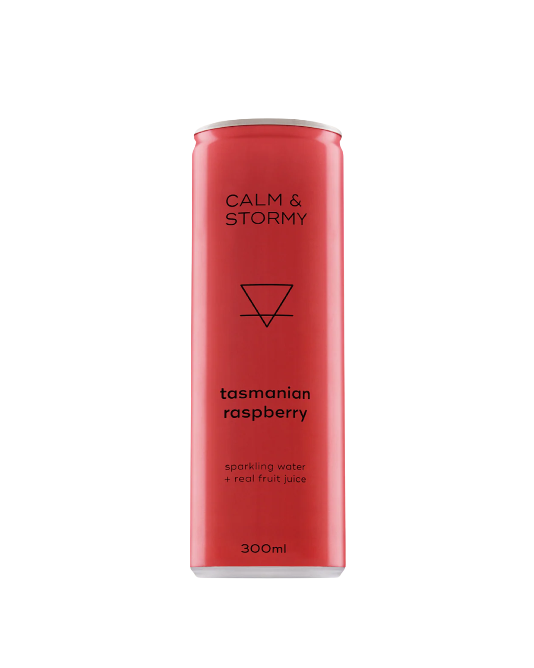 Red bottle of Calm & Stormy Tasmanian Raspberry sparkling water on a white background
