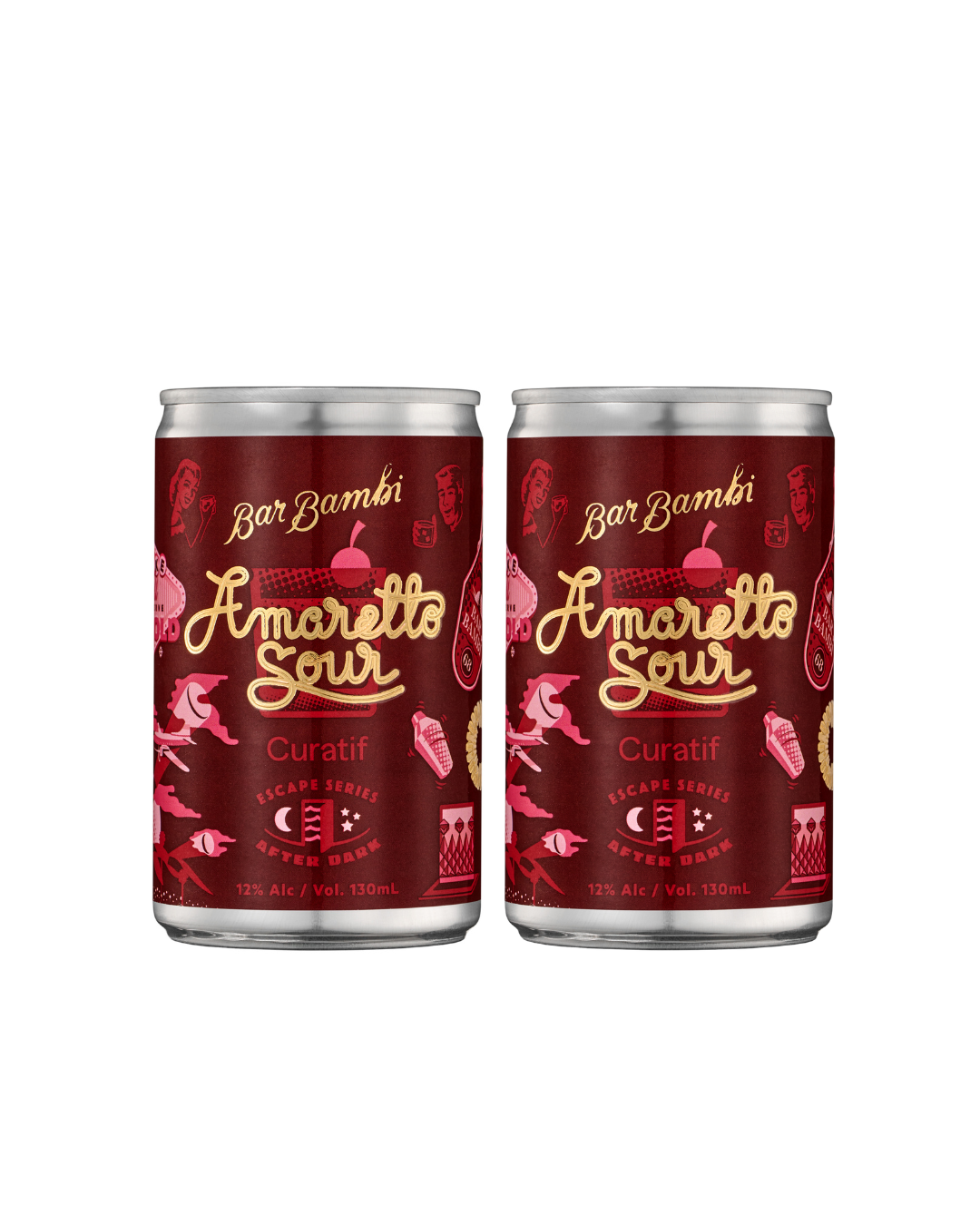 Two cans of Bar Bambi Amaretto Sour on a white background