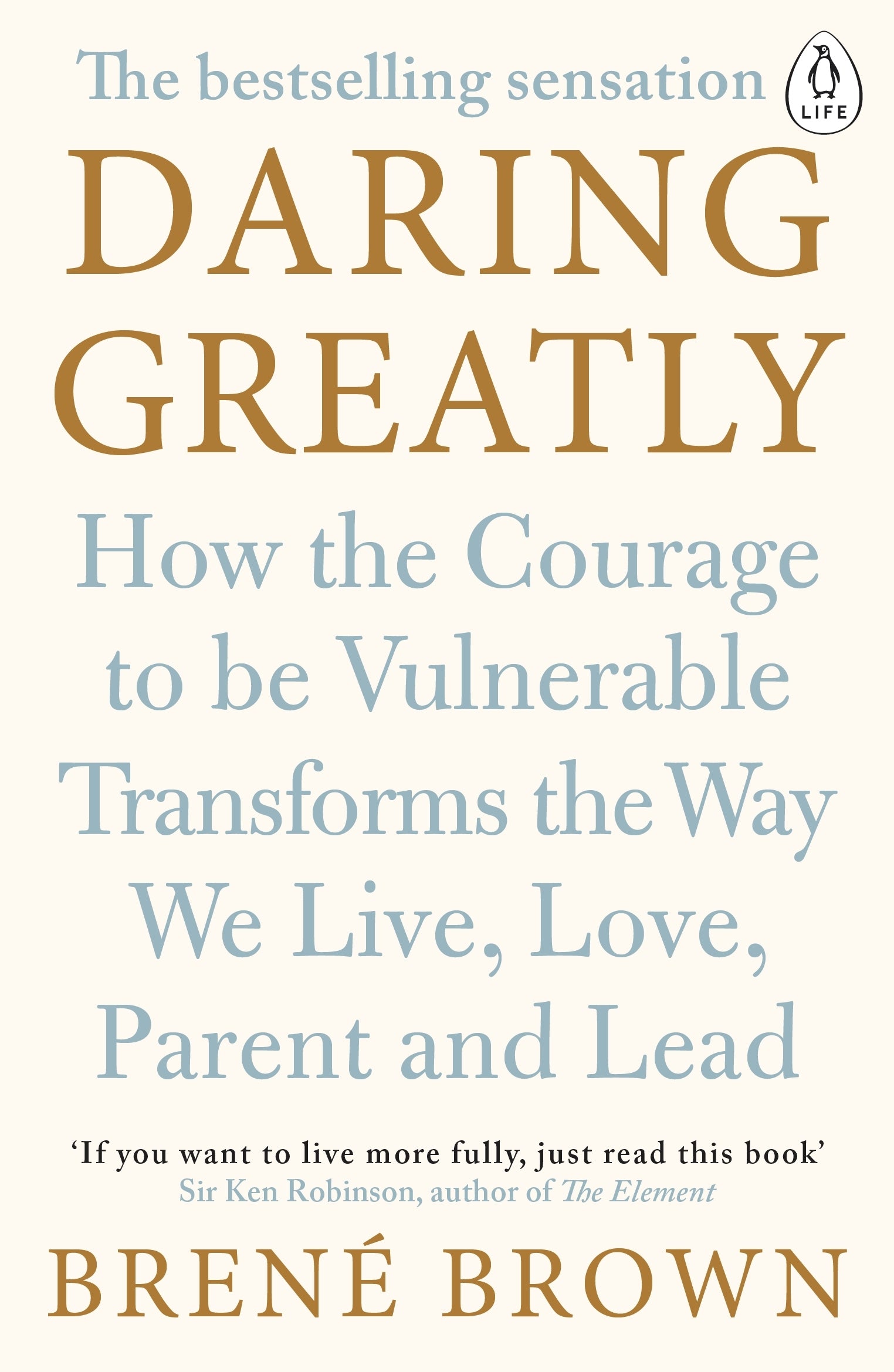 Book cover of 'Daring Greatly' by Brené Brown with a blue and gold color scheme.
