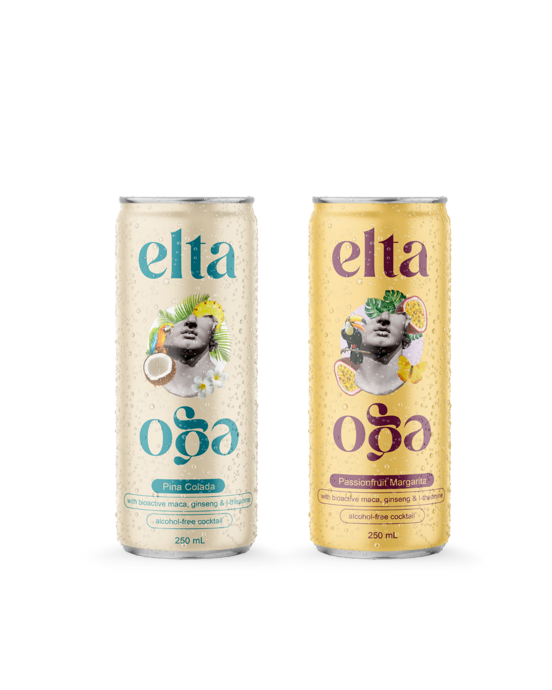 Two cans of Elta Oga on a white background