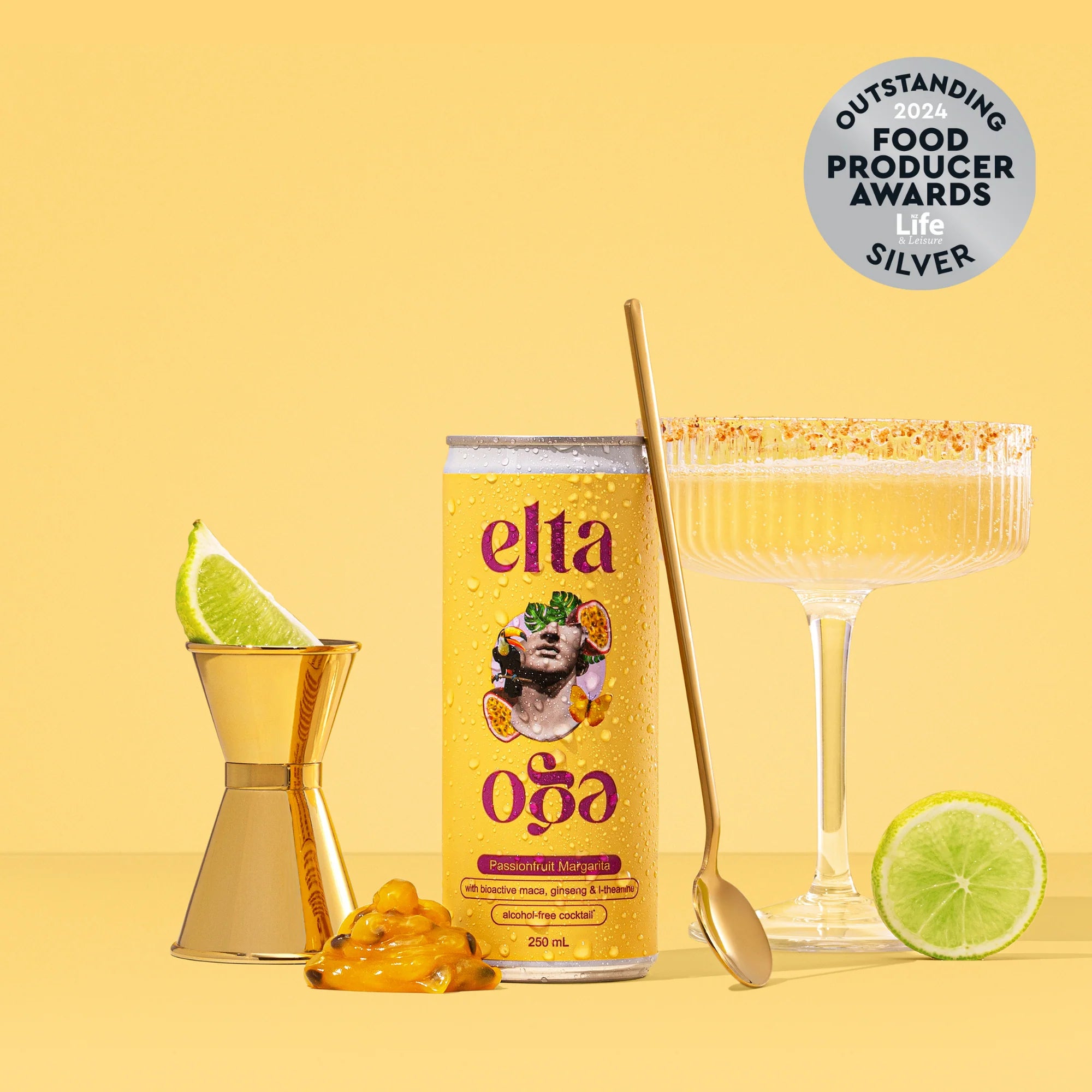 Eltta Oga cocktail with a can of the product on a yellow background