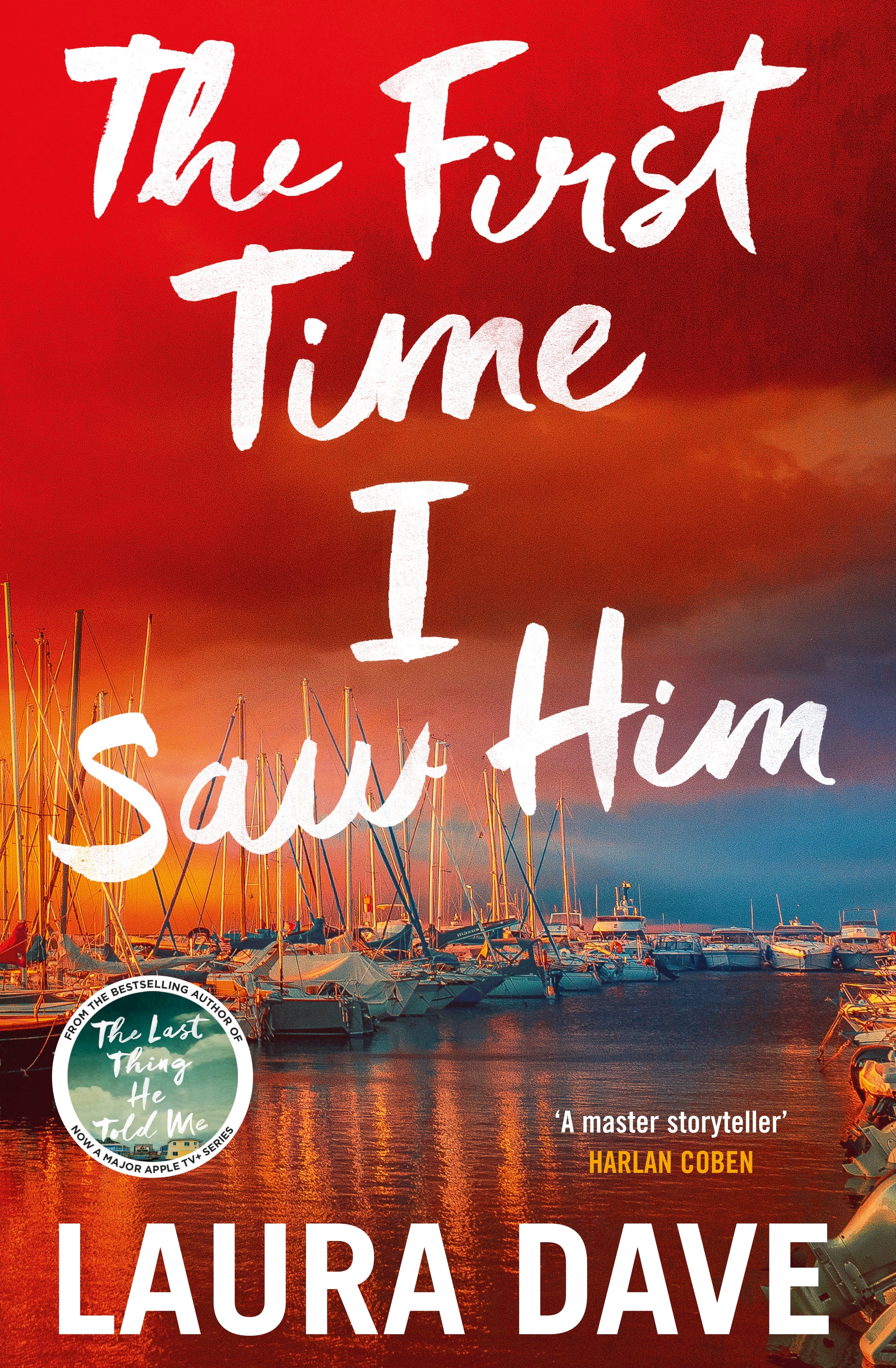 the first time i saw him book cover showing sunset over a bay with boats