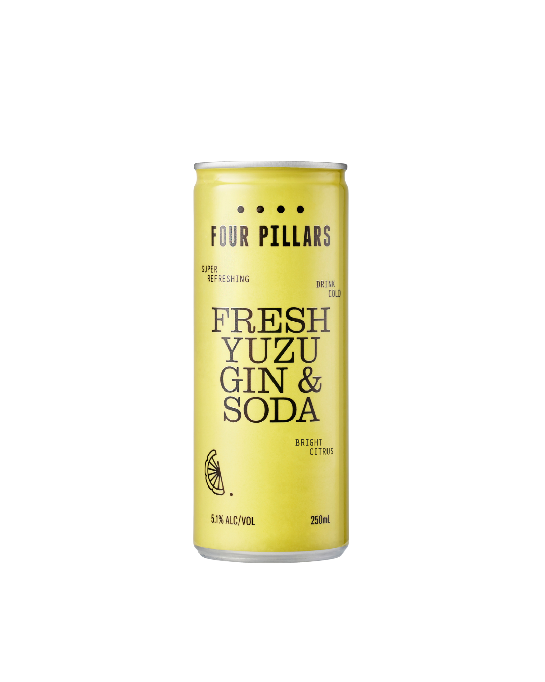 Four Pillars Fresh Yuzu Gin & Soda can on a white background
