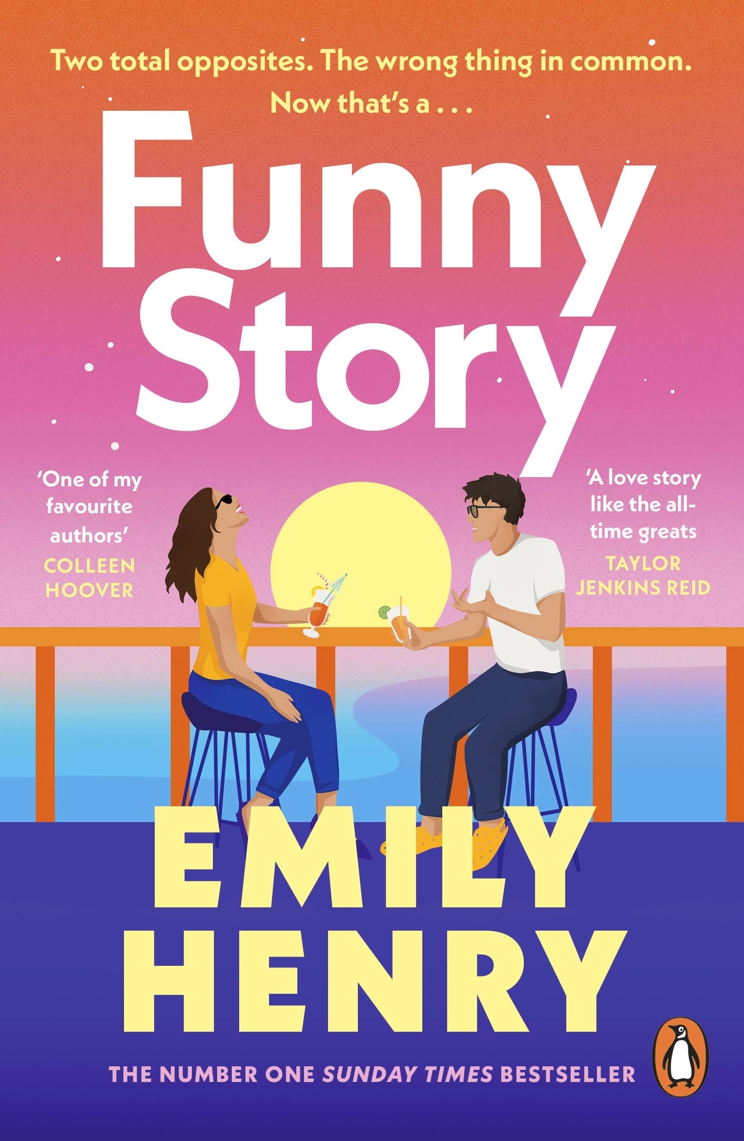 Book cover of 'Funny Story' by Emily Henry with a colorful design featuring two people sitting at a table.