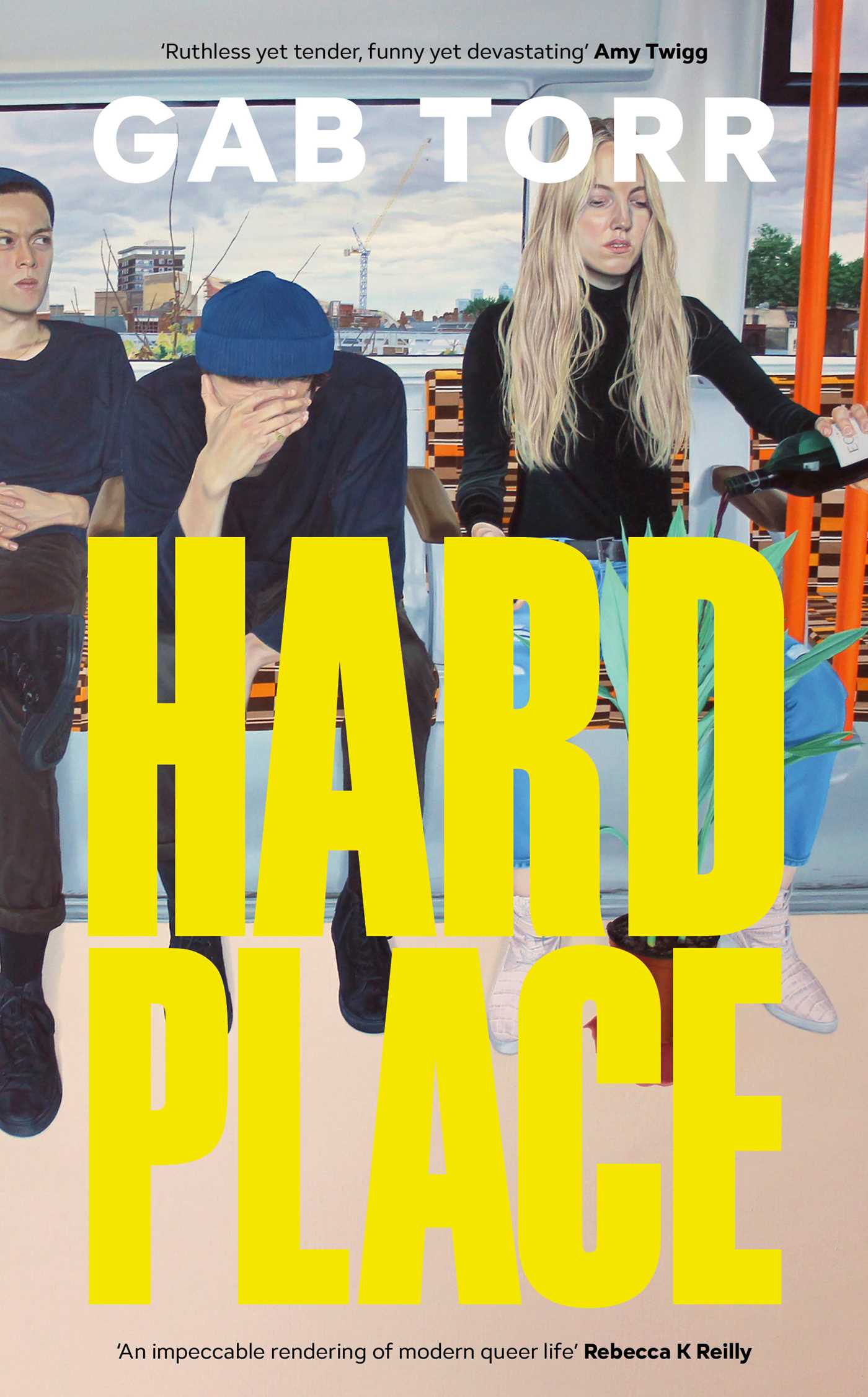 Book cover of 'Hard Place' by Gab Torr with two people sitting on a bench and a cityscape in the background.
