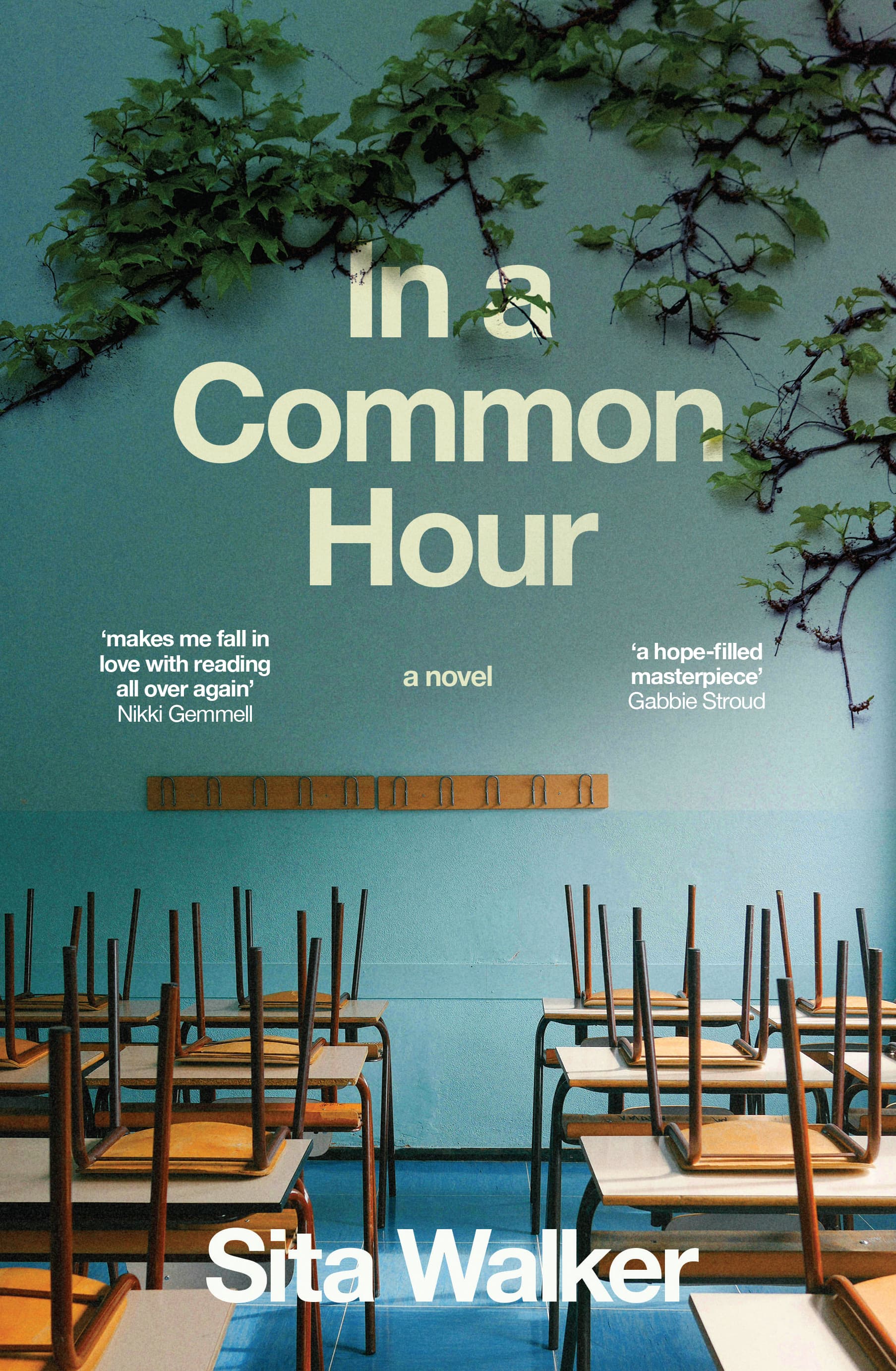 Book cover of 'In a Common Hour' by Sita Walker with chairs and a wall in the background.