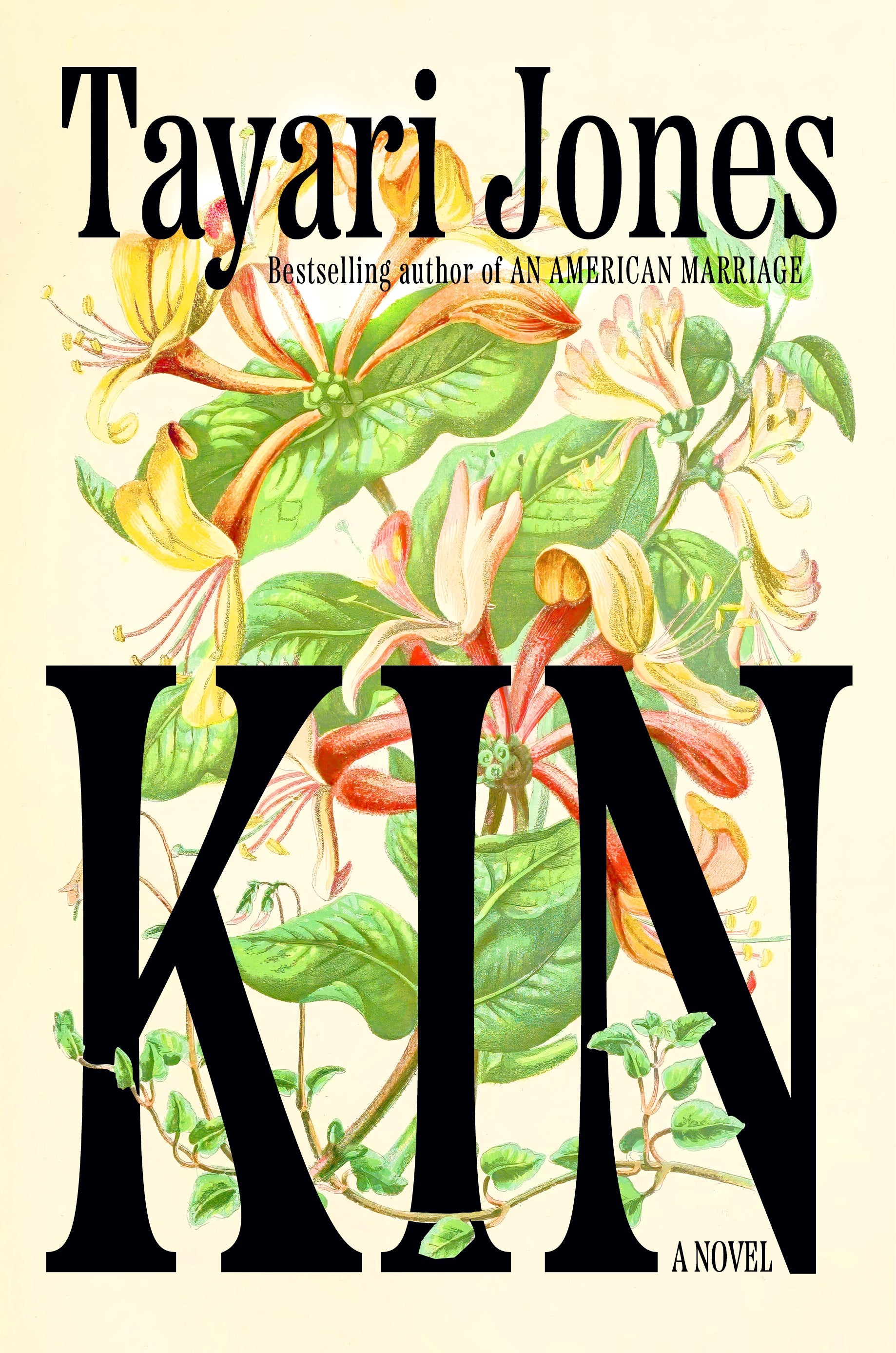 Book cover of 'Kin' by Tayari Jones with floral design and author's name.
