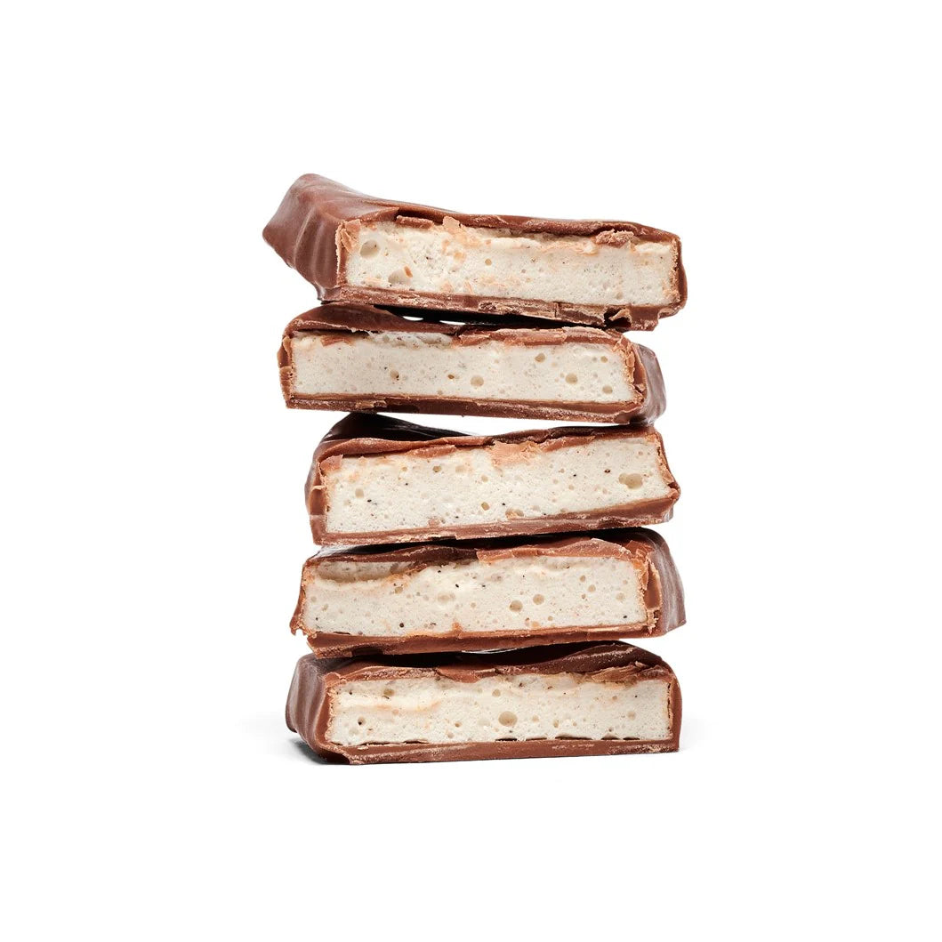 Stack of chocolate-covered candy bars on a white background