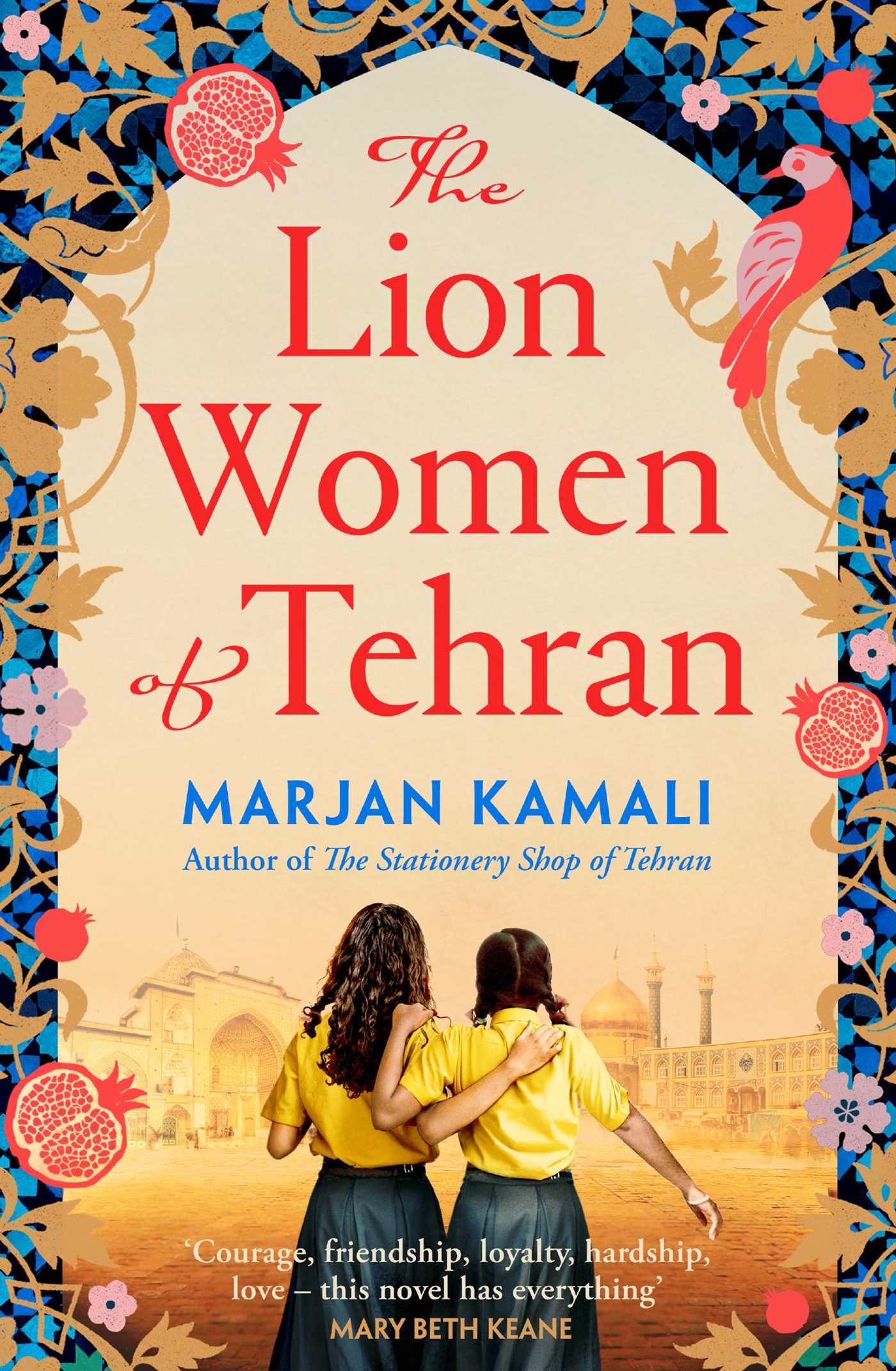Book cover of 'The Lion Women of Tehran' with two women in yellow shirts and a decorative border.