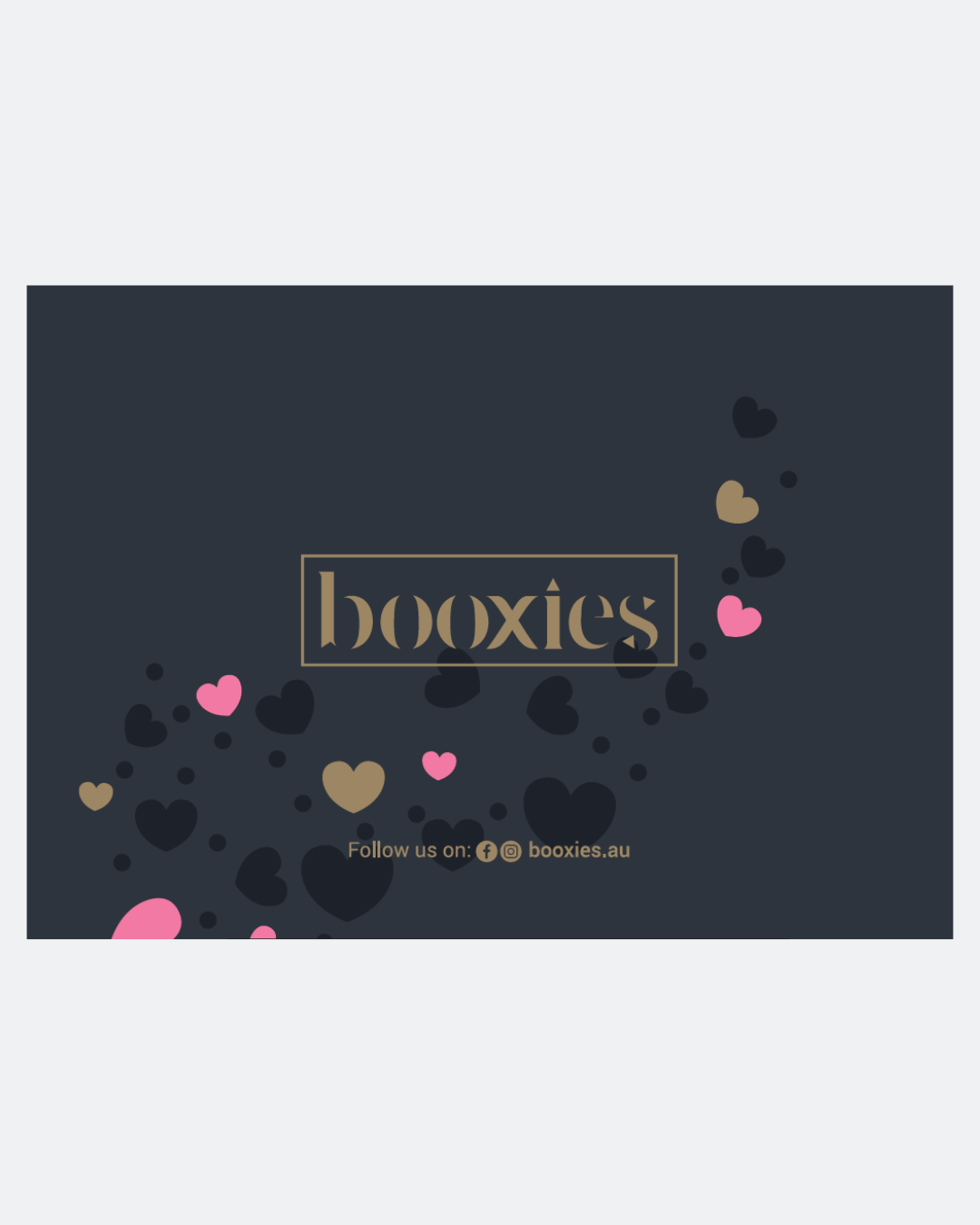 Booxies branded box with heart designs on a dark background