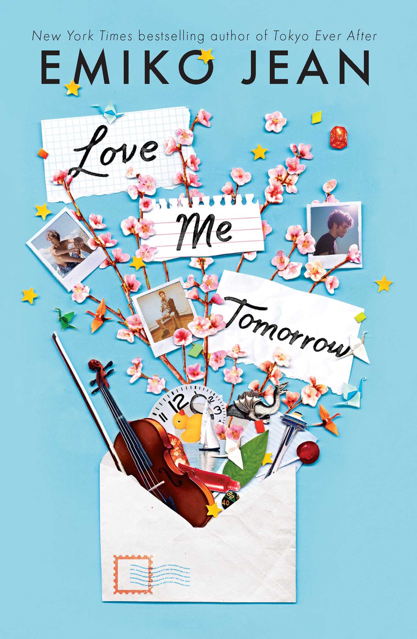 Book cover of 'Love Me Tomorrow' by Emiko Jean with a heart made of photos and a violin on a blue background.