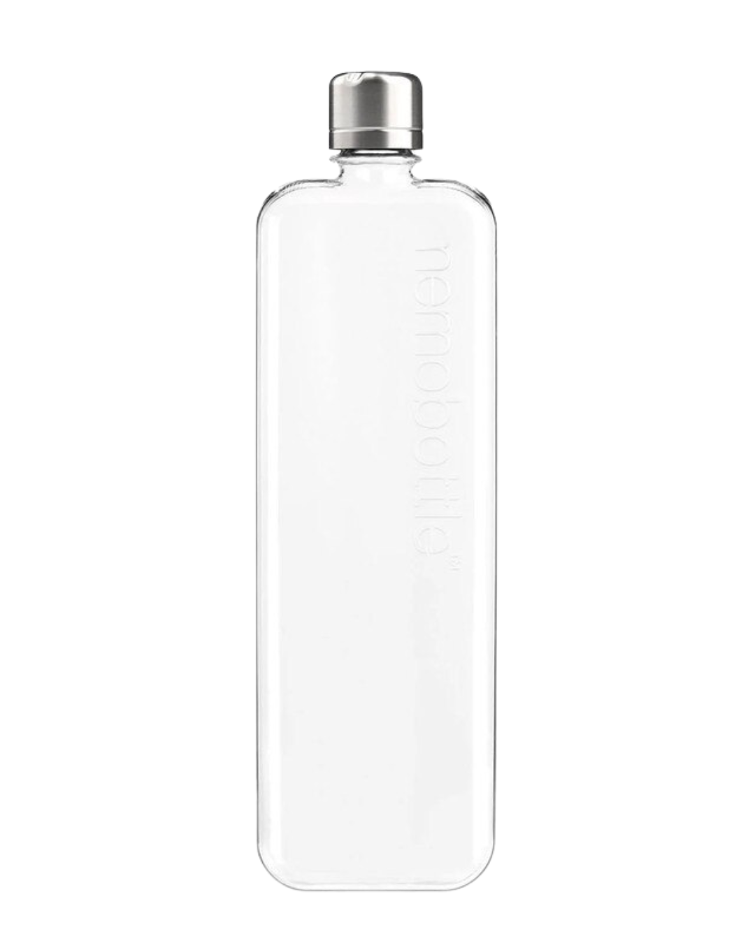 Clear glass bottle with a silver cap on a white background memobottle slim