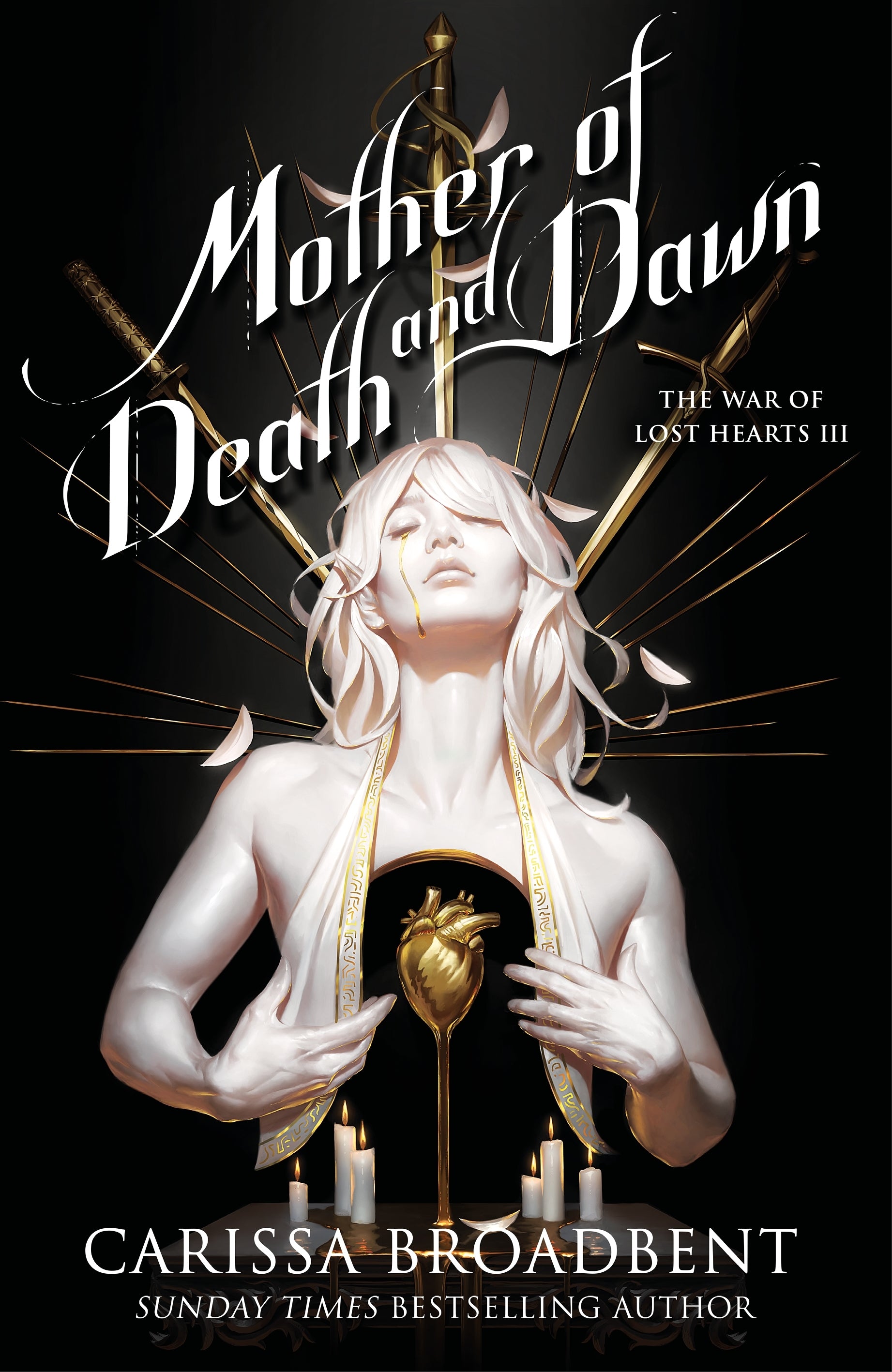 Book cover of 'Mother of Death and Dawn' by Carissa Broadbent with a woman holding a heart and candles.