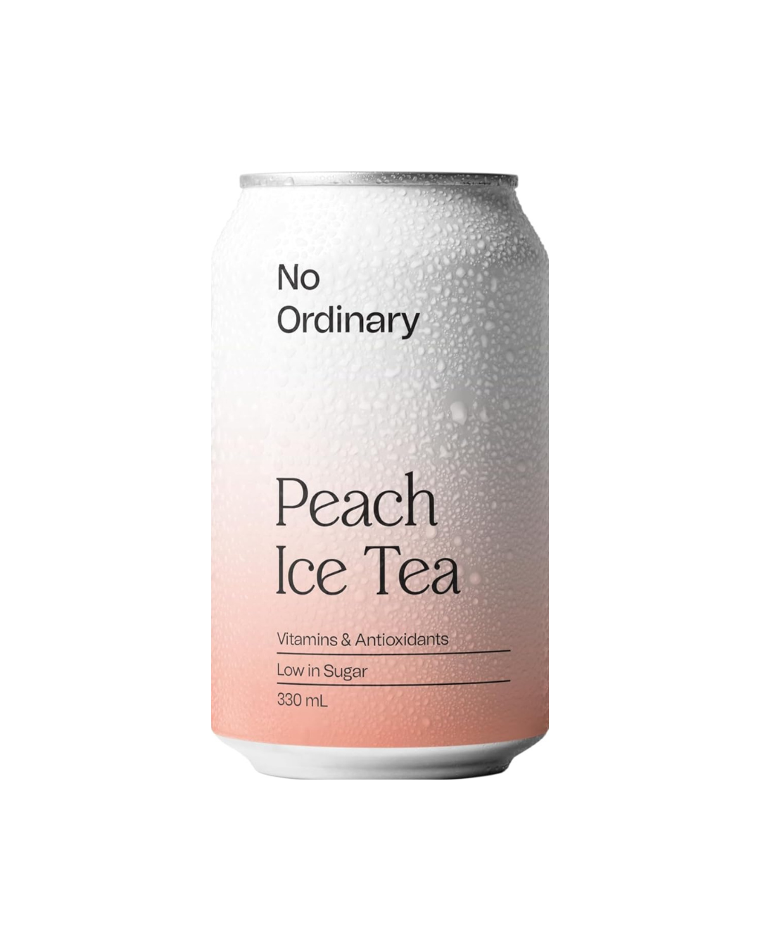 Can of 'No Ordinary Peach Ice Tea' on a white background