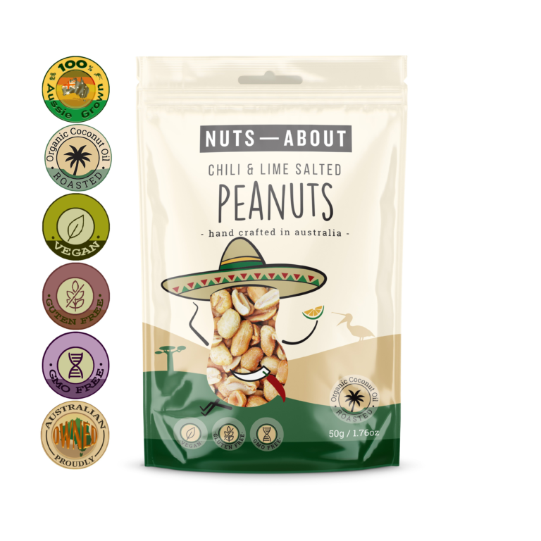 Packaging of 'Nuts About' chili and lime salted peanuts with certification logos on a white background.