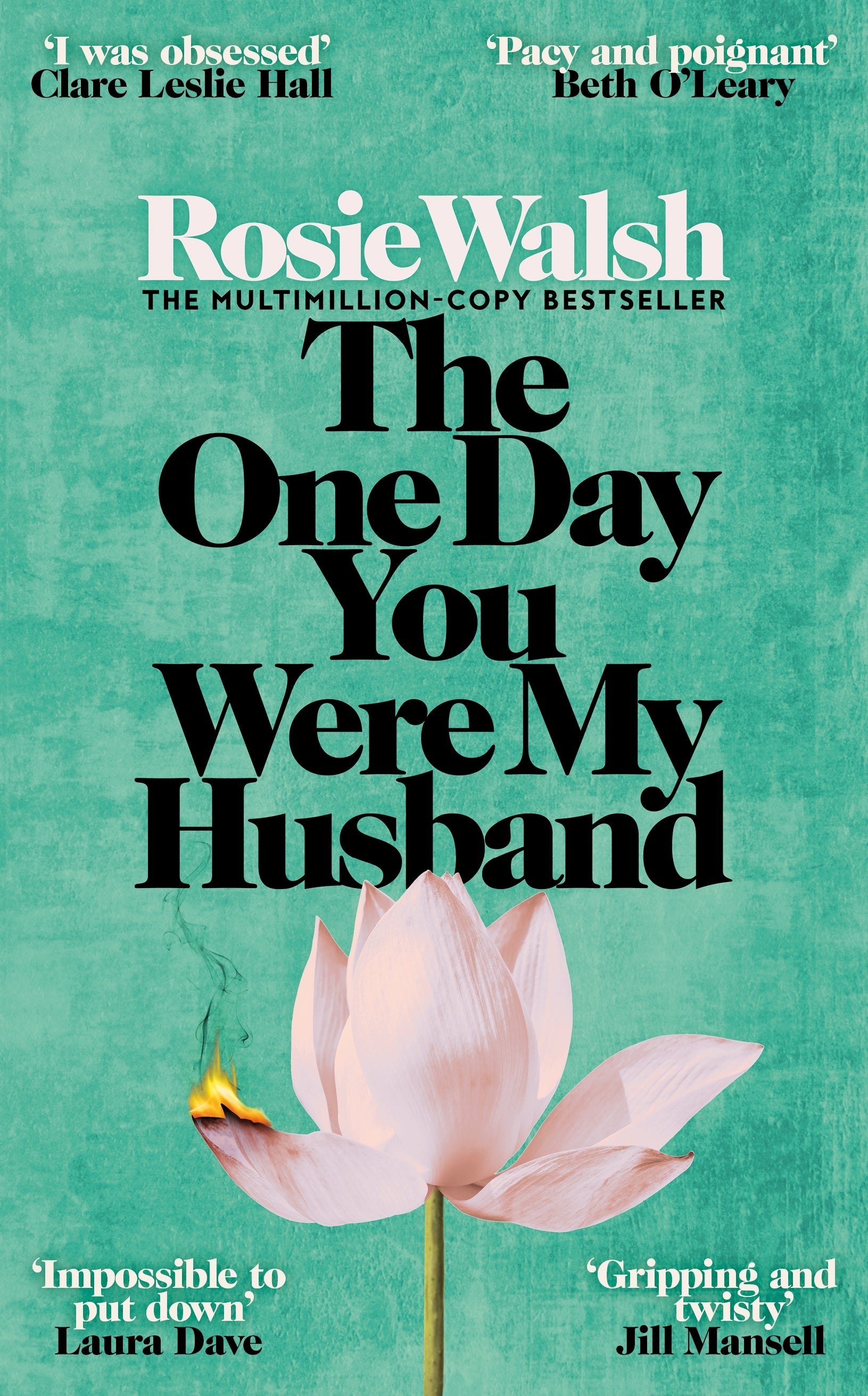 Book cover of 'The One Day You Were My Husband' by Rosie Walsh with a pink flower on a teal background.