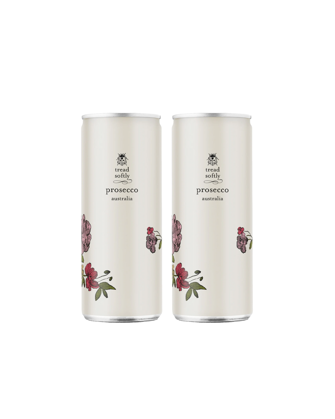 Two cans of tread softly prosecco on a white background