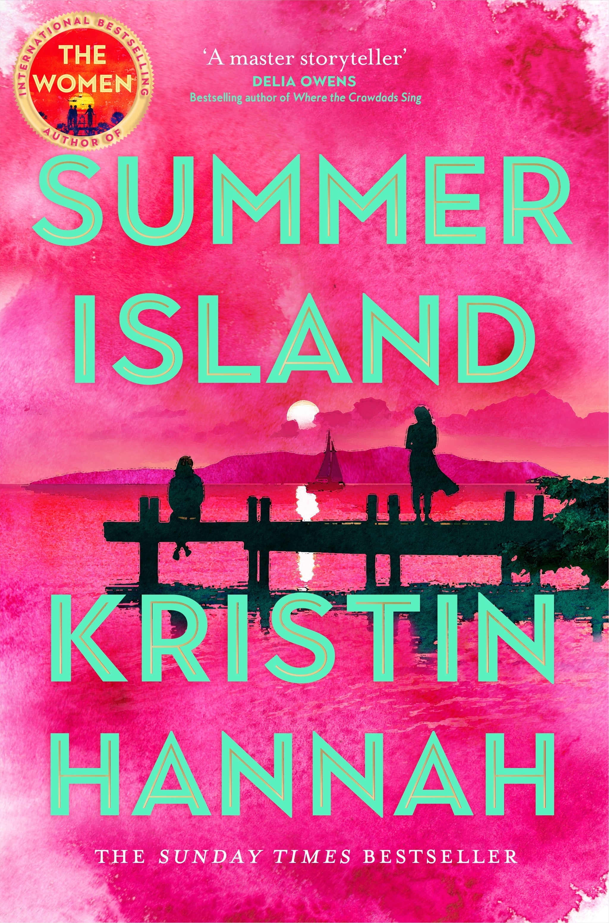 Book cover of 'Summer Island' by Kristin Hannah with a pink watercolor background and silhouette of people on a dock.