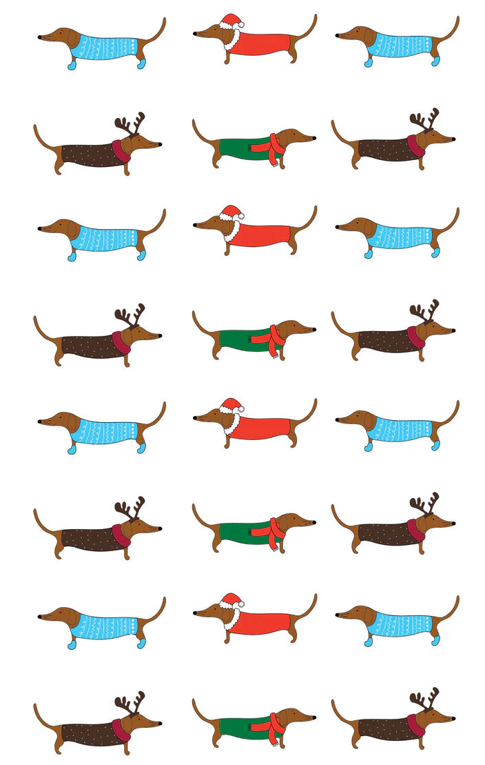 Pattern of cartoon dachshunds in colorful outfits on a white background
